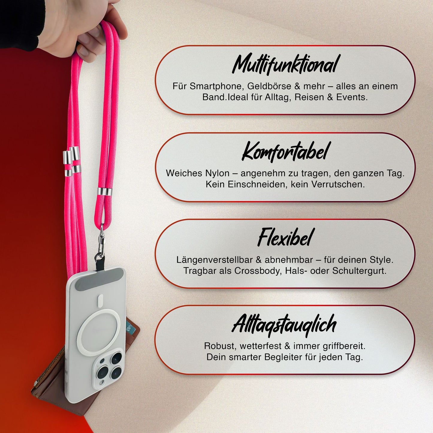 NALIA HoldMe alhliða símahálsmen fyrir snjallsíma og símahulstur, stillanleg og aftakanleg nylonreipi, axlaról, símaól, snúra með karabínuknúru og 2 merkimiðar