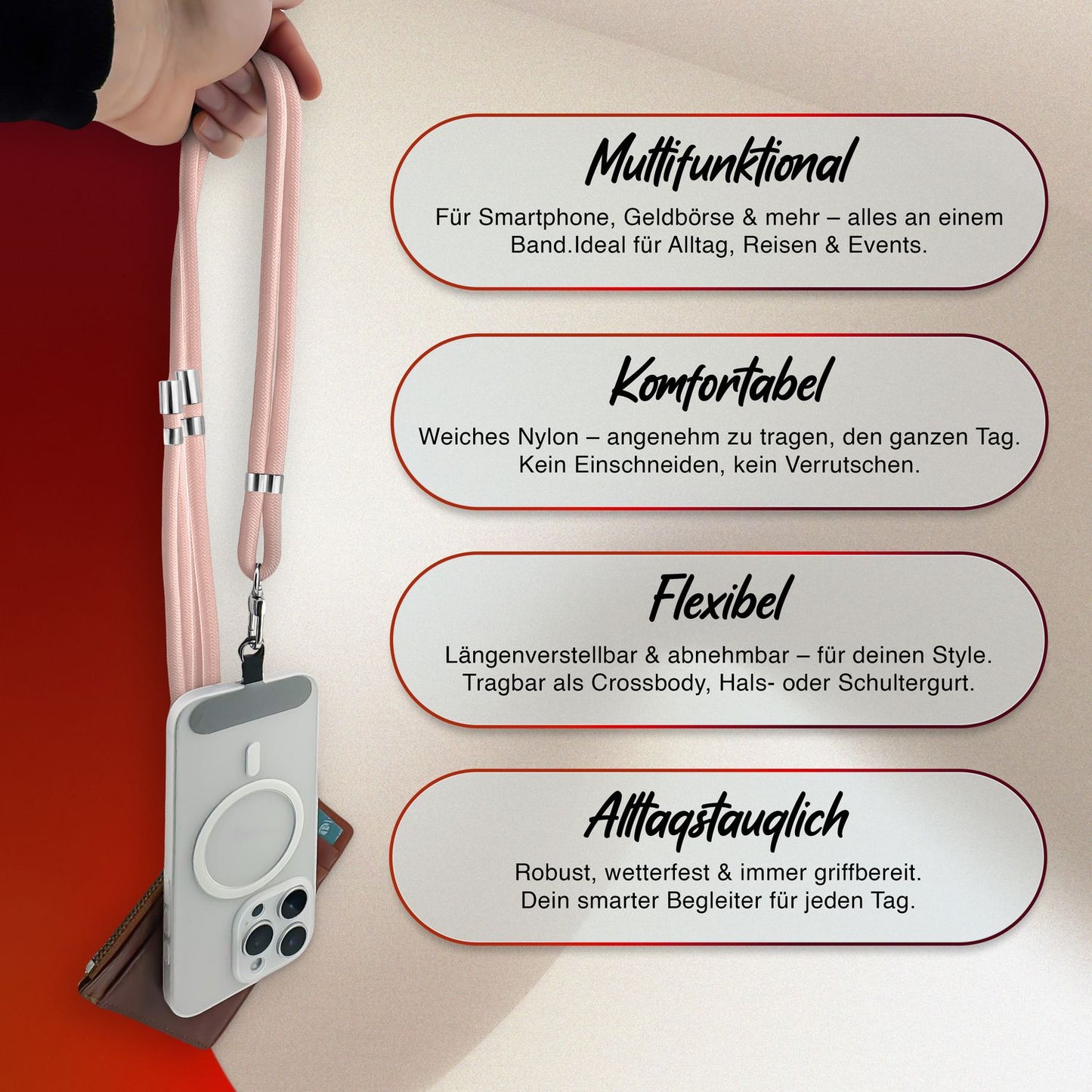 NALIA HoldMe alhliða símahálsmen fyrir snjallsíma og símahulstur, stillanleg og aftakanleg nylonreipi, axlaról, símaól, snúra með karabínuknúru og 2 merkimiðar