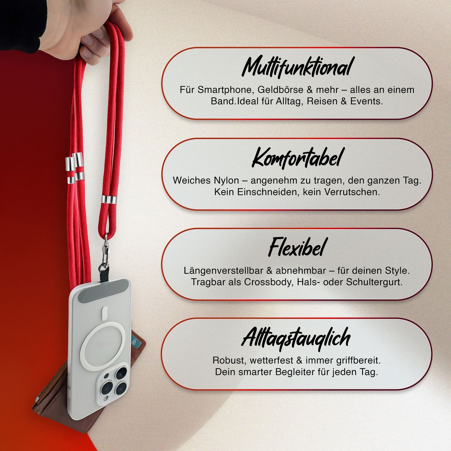 NALIA HoldMe alhliða símahálsmen fyrir snjallsíma og símahulstur, stillanleg og aftakanleg nylonreipi, axlaról, símaól, snúra með karabínuknúru og 2 merkimiðar