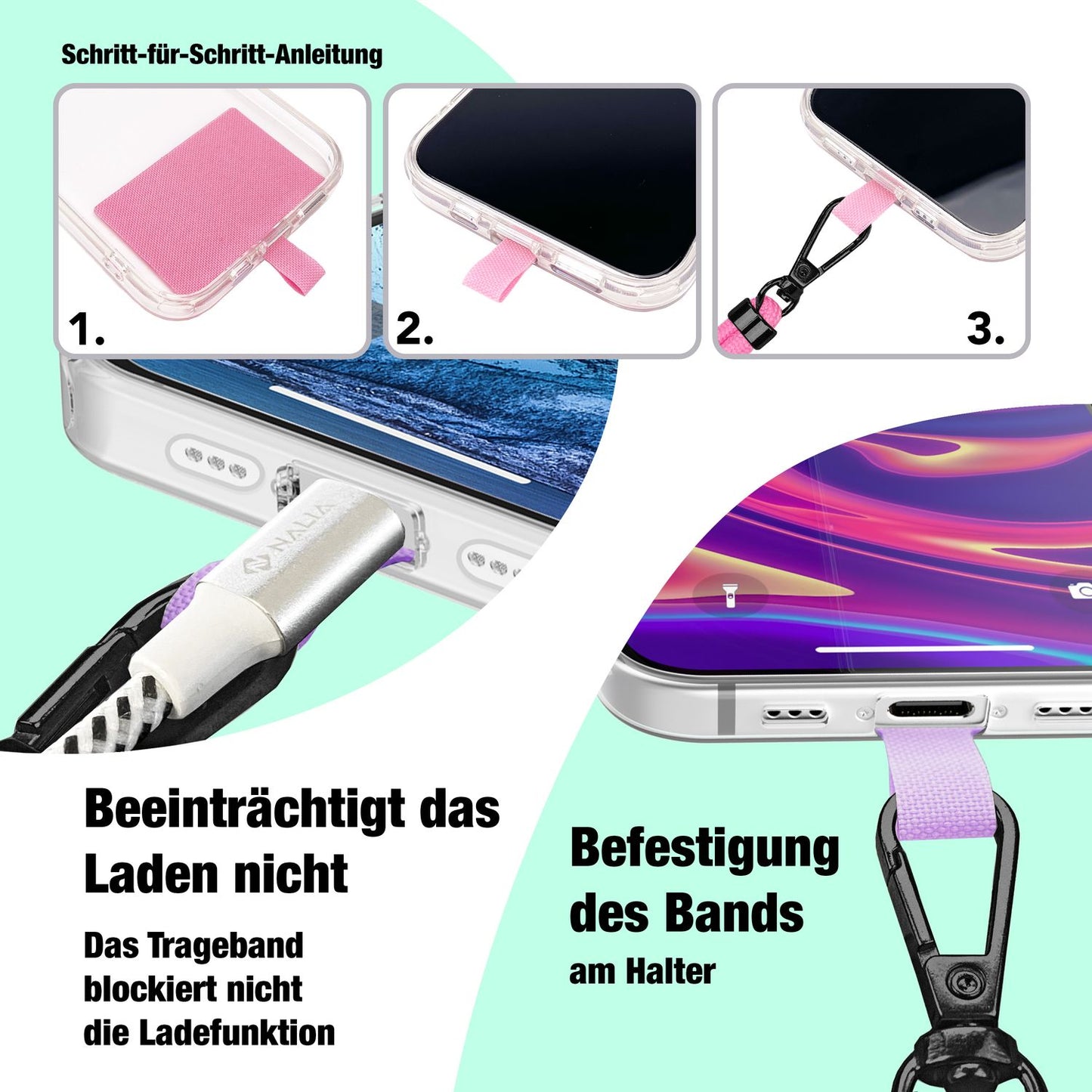 NALIA alhliða keðja með púða, ól fyrir símahulstur, karabínukrókur úr málmi (mattsvartur), lyklakippu, axlaról 160 cm