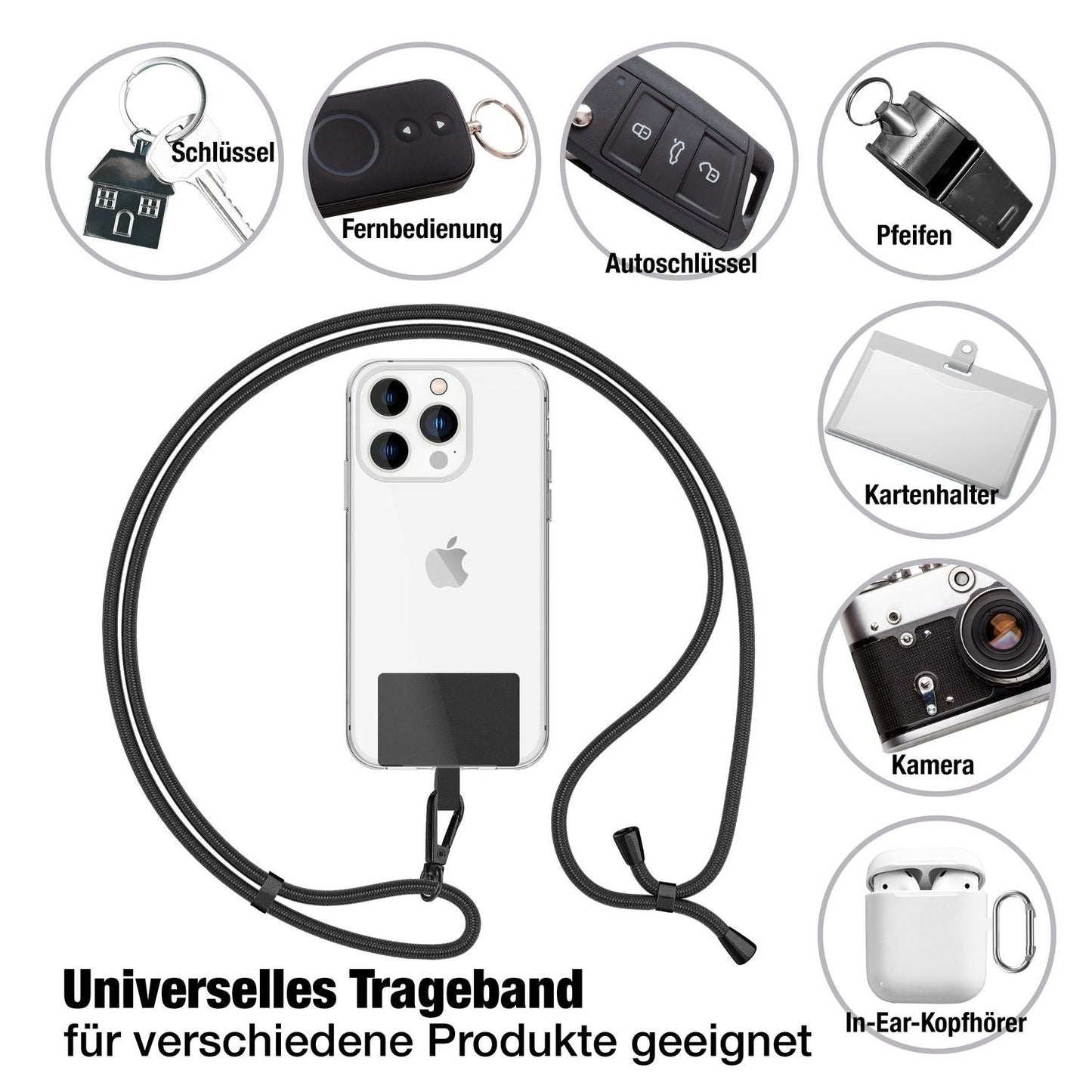 NALIA alhliða keðja með púða, ól fyrir símahulstur, karabínukrókur úr málmi (mattsvartur), lyklakippu, axlaról 160 cm