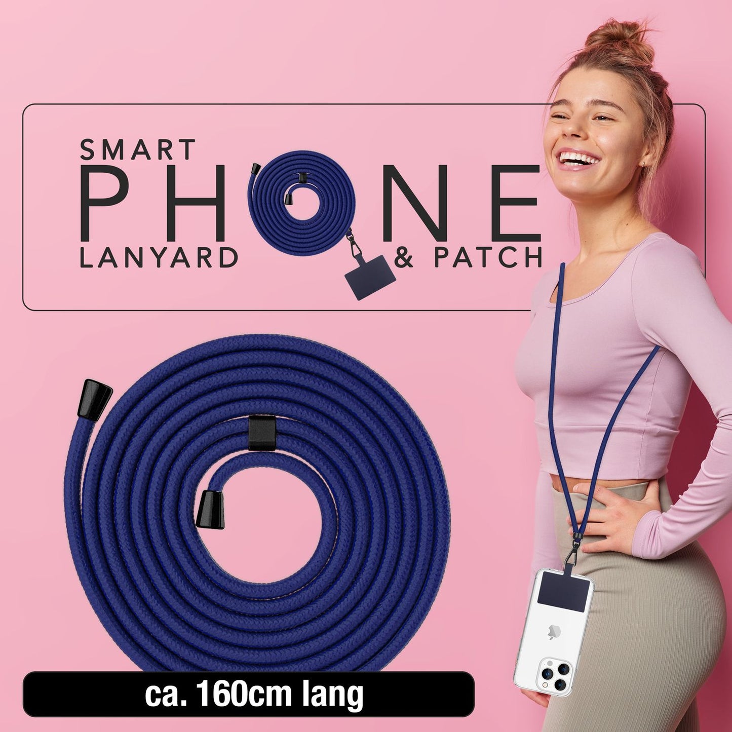 NALIA alhliða keðja með púða, ól fyrir símahulstur, karabínukrókur úr málmi (mattsvartur), lyklakippu, axlaról 160 cm