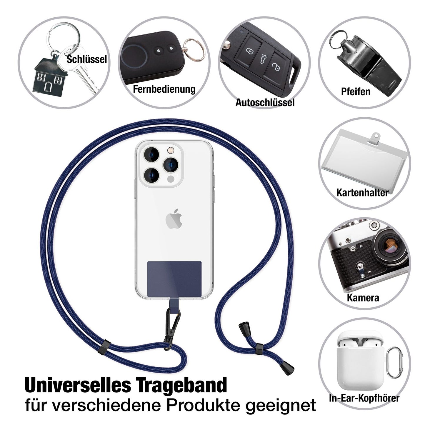 NALIA alhliða keðja með púða, ól fyrir símahulstur, karabínukrókur úr málmi (mattsvartur), lyklakippu, axlaról 160 cm