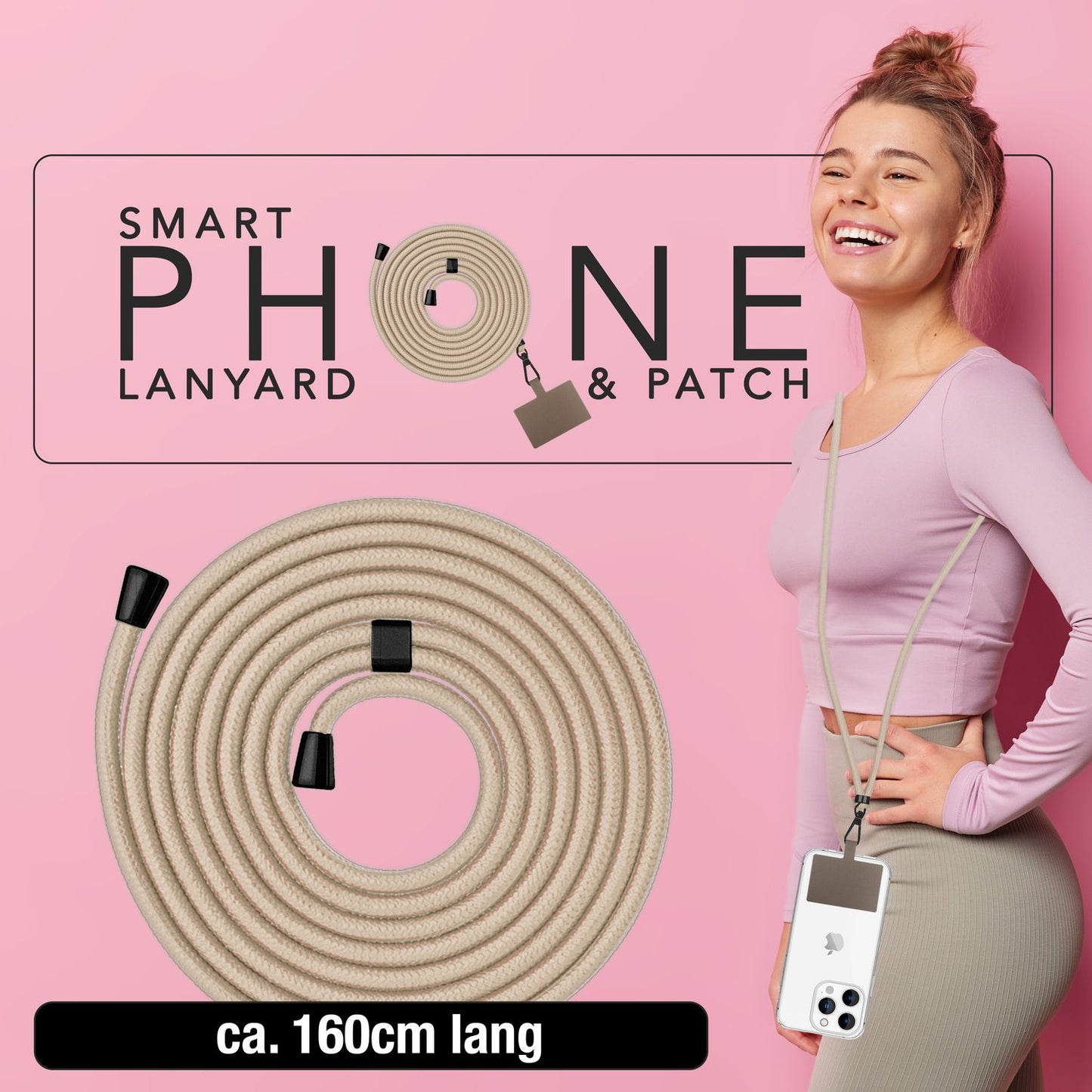 NALIA alhliða keðja með púða, ól fyrir símahulstur, karabínukrókur úr málmi (mattsvartur), lyklakippu, axlaról 160 cm