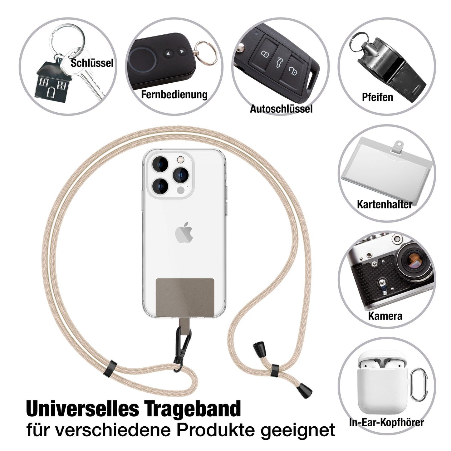 NALIA alhliða keðja með púða, ól fyrir símahulstur, karabínukrókur úr málmi (mattsvartur), lyklakippu, axlaról 160 cm