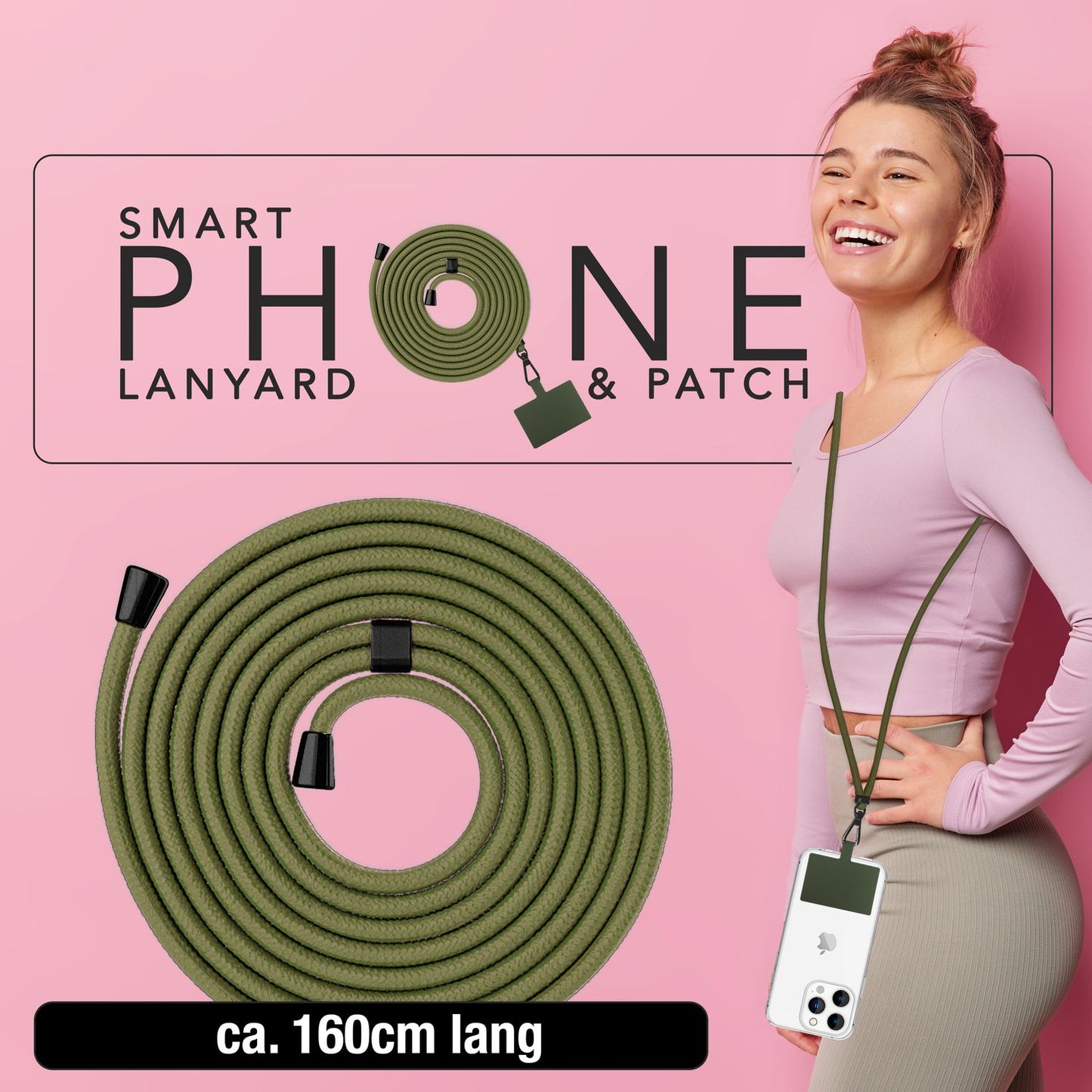 NALIA alhliða keðja með púða, ól fyrir símahulstur, karabínukrókur úr málmi (mattsvartur), lyklakippu, axlaról 160 cm