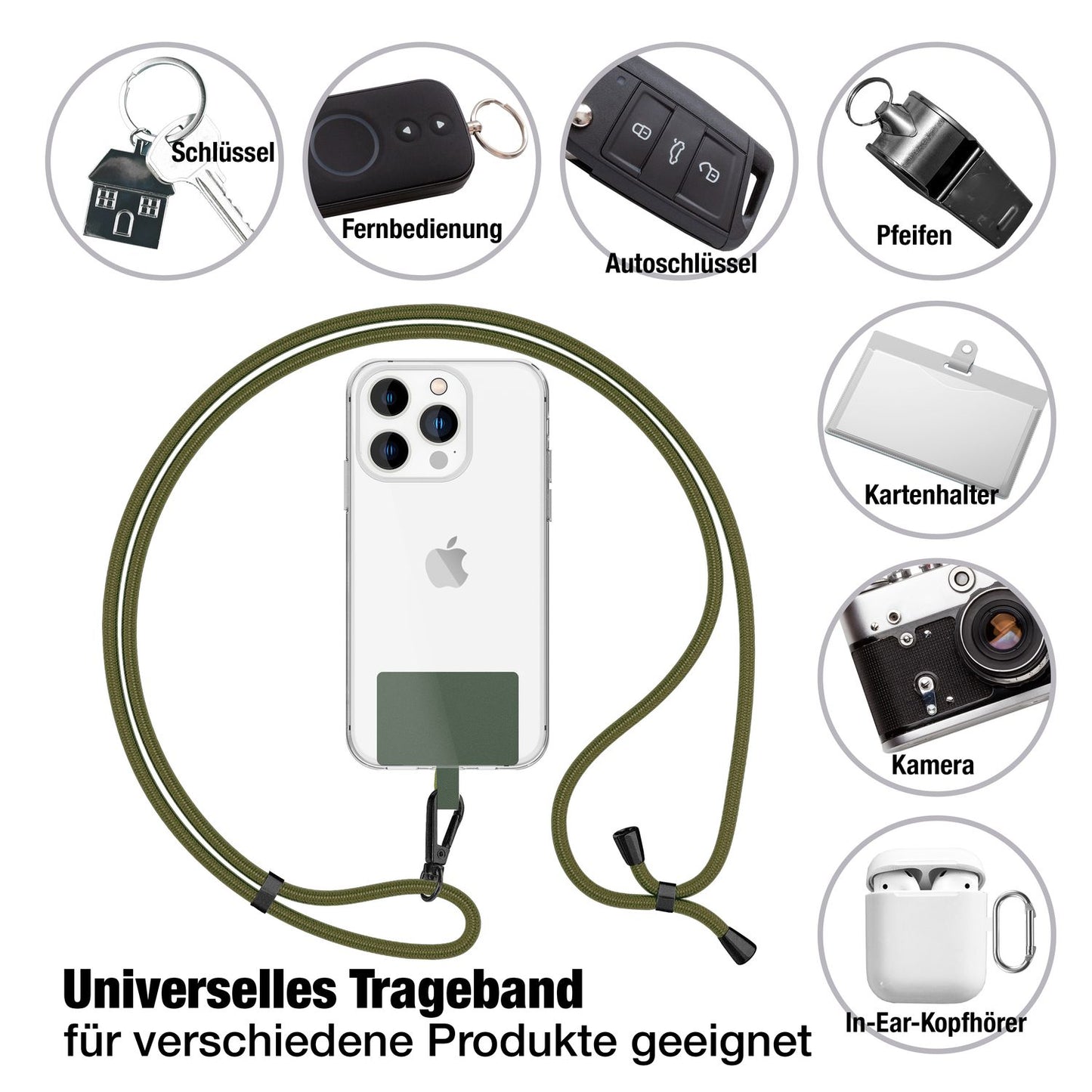 NALIA alhliða keðja með púða, ól fyrir símahulstur, karabínukrókur úr málmi (mattsvartur), lyklakippu, axlaról 160 cm