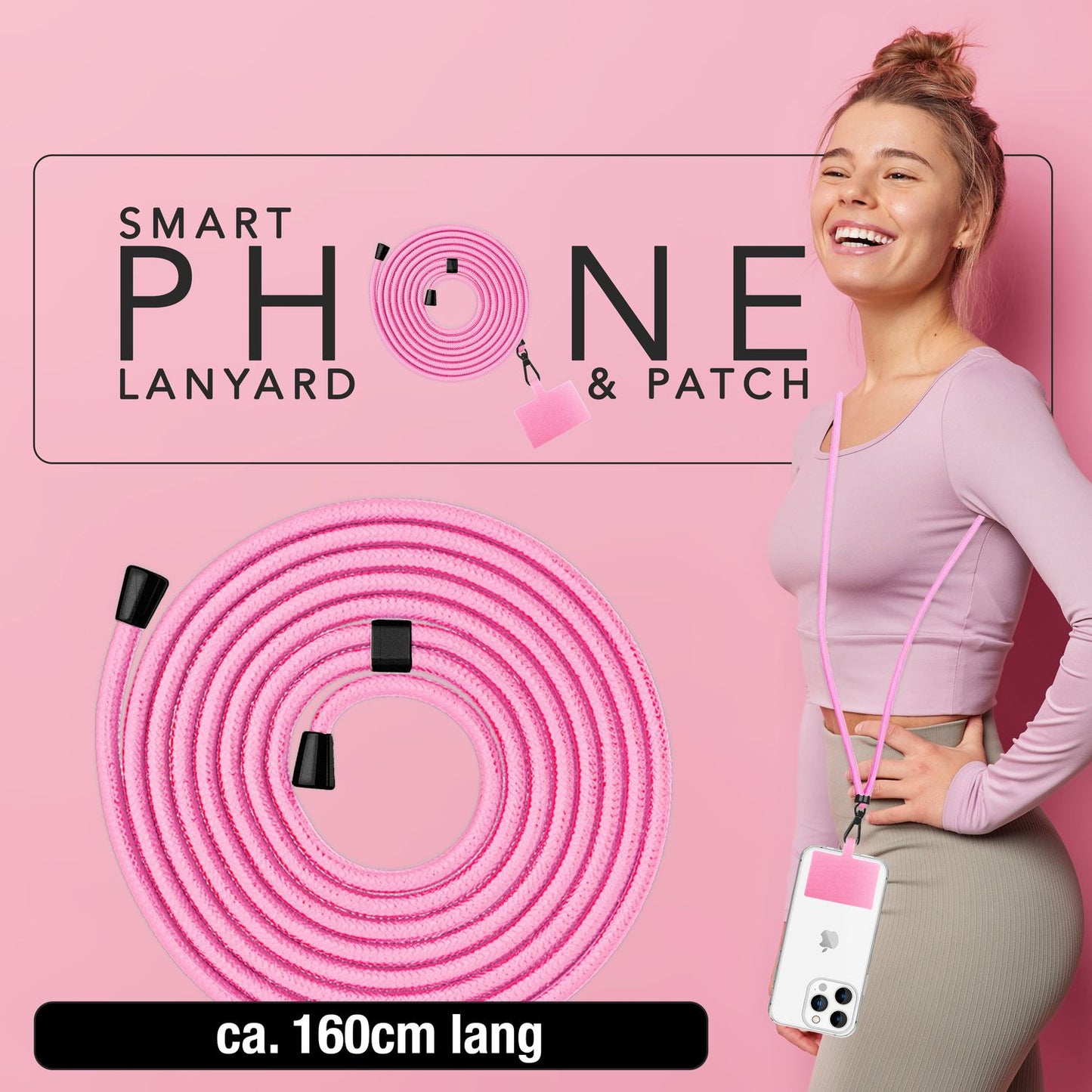 NALIA alhliða keðja með púða, ól fyrir símahulstur, karabínukrókur úr málmi (mattsvartur), lyklakippu, axlaról 160 cm