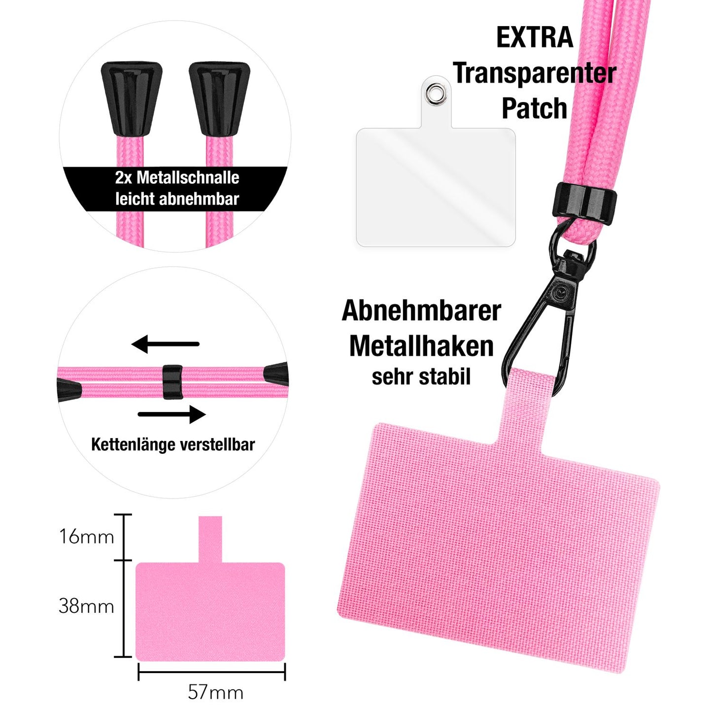 NALIA alhliða keðja með púða, ól fyrir símahulstur, karabínukrókur úr málmi (mattsvartur), lyklakippu, axlaról 160 cm