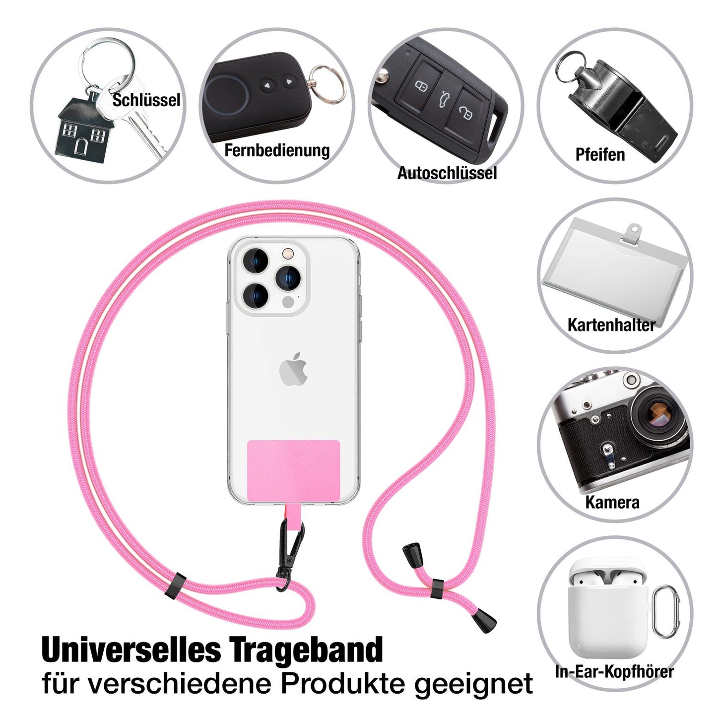 NALIA alhliða keðja með púða, ól fyrir símahulstur, karabínukrókur úr málmi (mattsvartur), lyklakippu, axlaról 160 cm