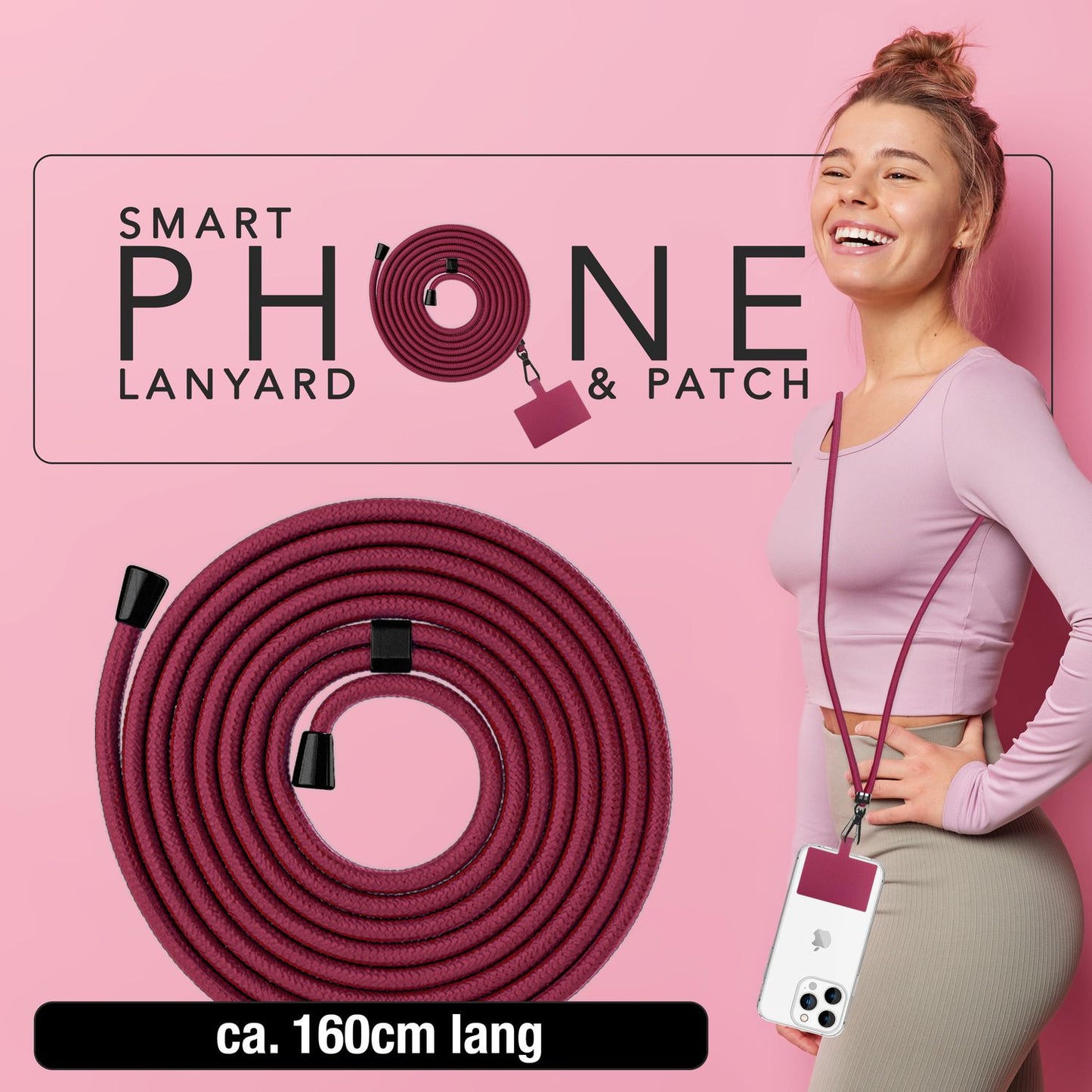 NALIA alhliða keðja með púða, ól fyrir símahulstur, karabínukrókur úr málmi (mattsvartur), lyklakippu, axlaról 160 cm