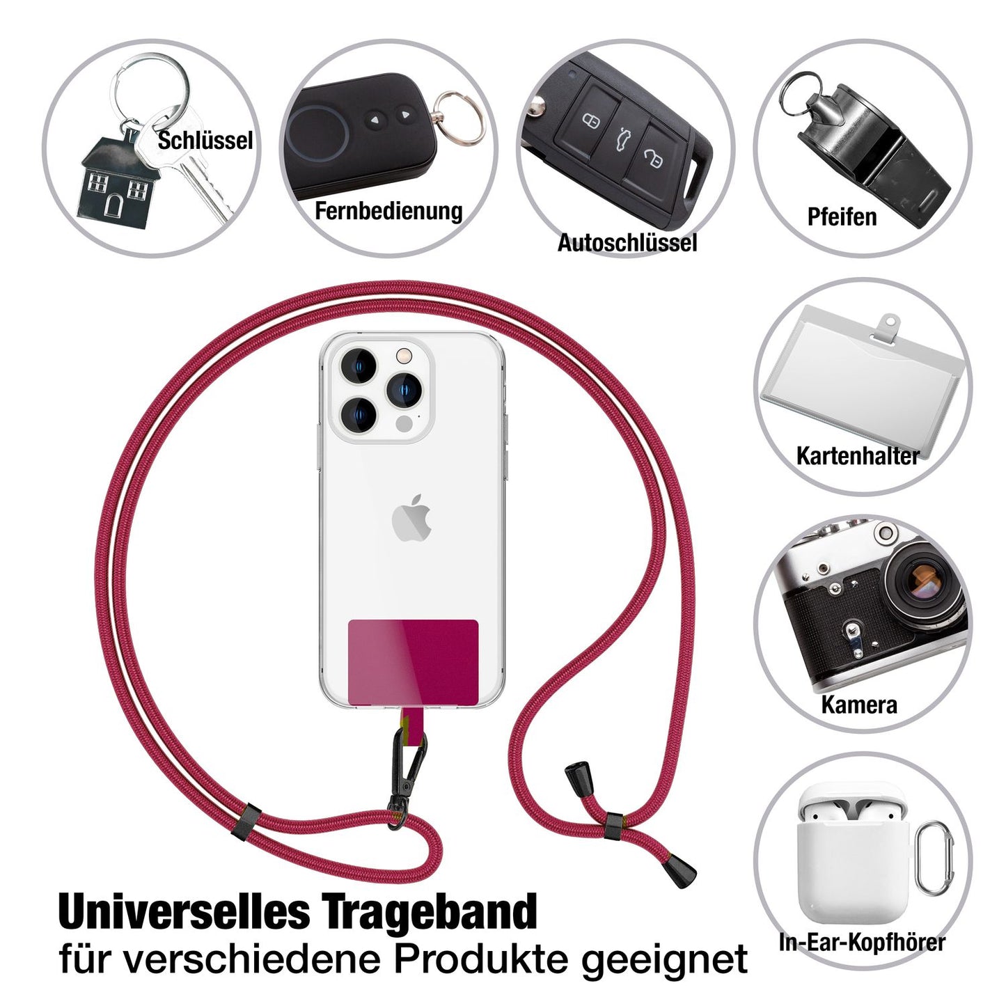 NALIA alhliða keðja með púða, ól fyrir símahulstur, karabínukrókur úr málmi (mattsvartur), lyklakippu, axlaról 160 cm