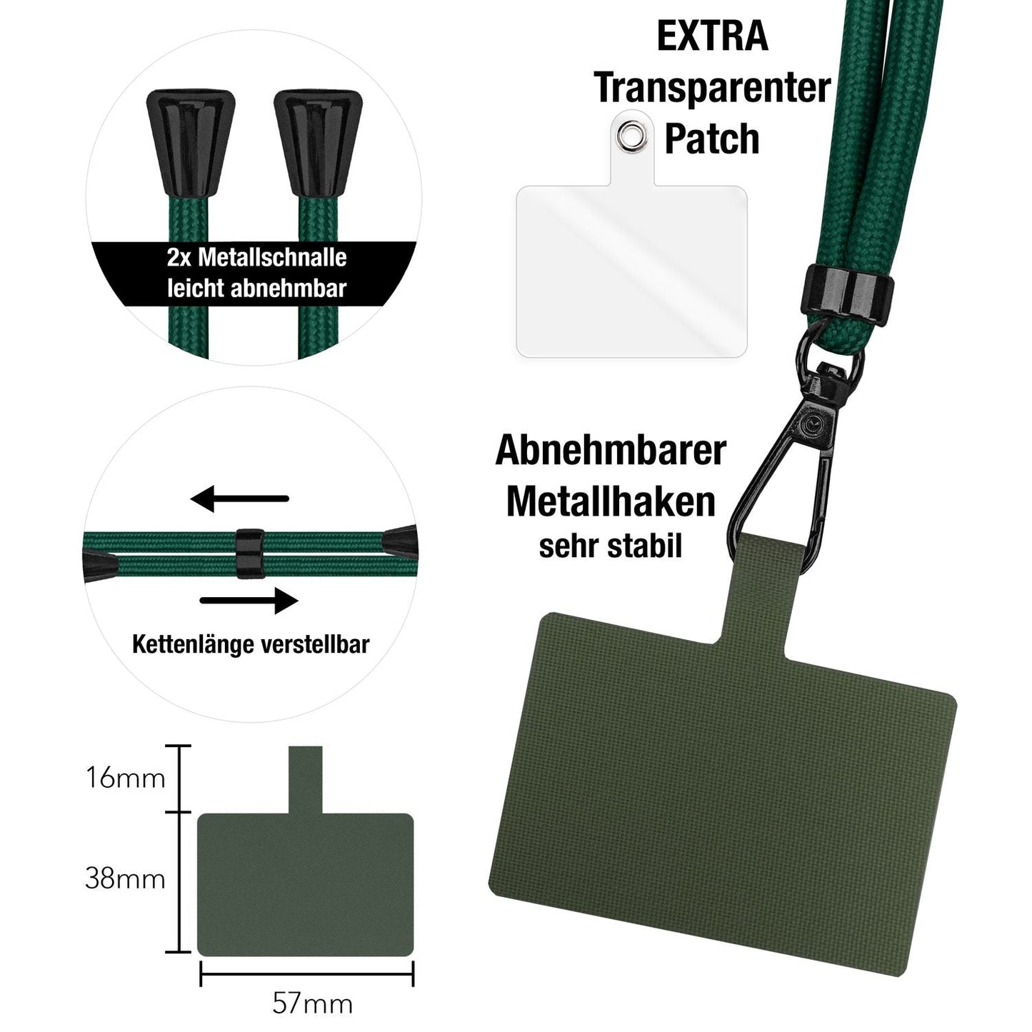 NALIA alhliða keðja með púða, ól fyrir símahulstur, karabínukrókur úr málmi (mattsvartur), lyklakippu, axlaról 160 cm