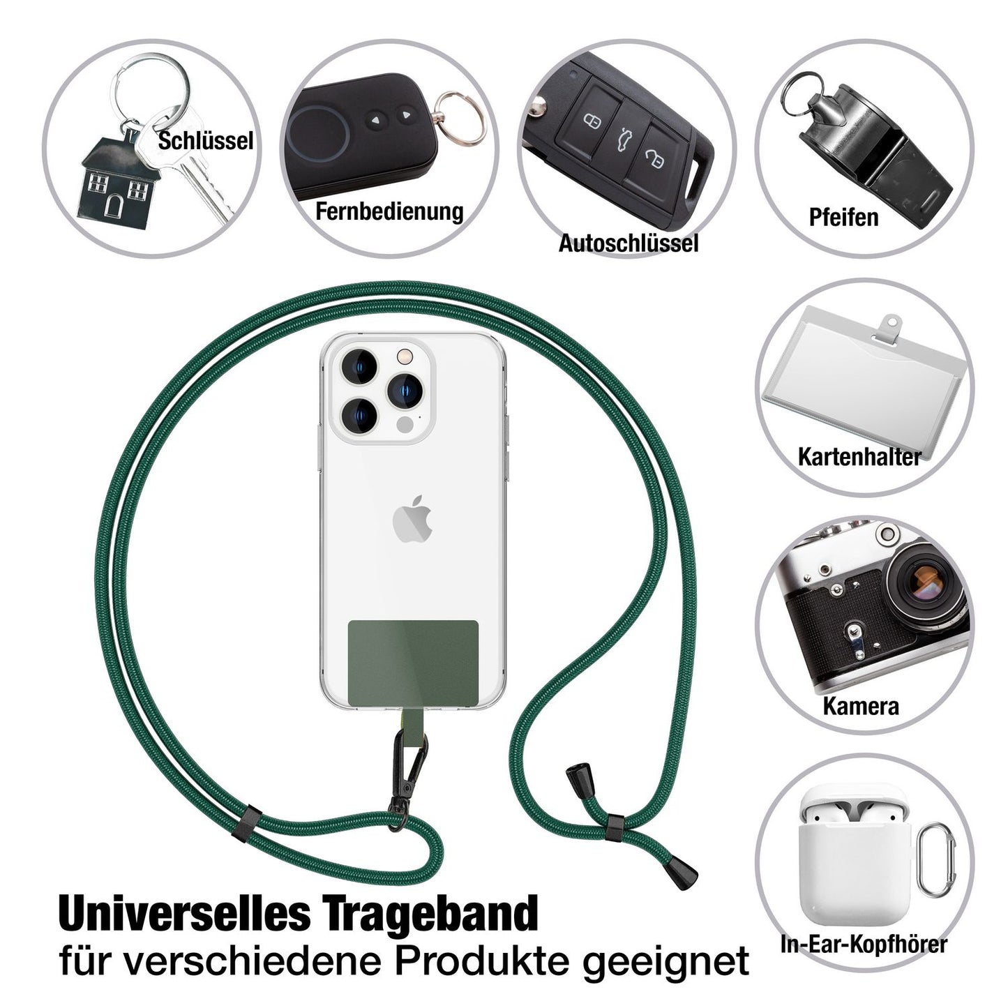 NALIA alhliða keðja með púða, ól fyrir símahulstur, karabínukrókur úr málmi (mattsvartur), lyklakippu, axlaról 160 cm