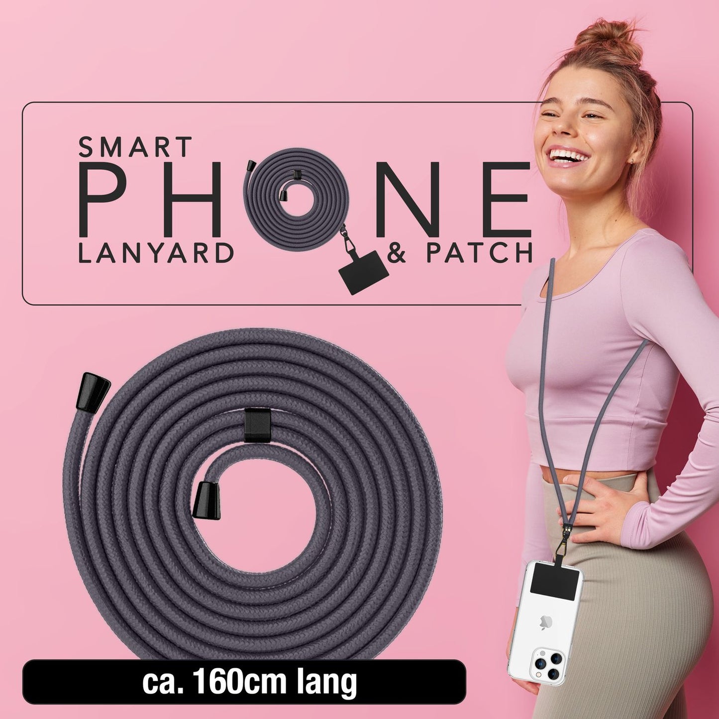 NALIA alhliða keðja með púða, ól fyrir símahulstur, karabínukrókur úr málmi (mattsvartur), lyklakippu, axlaról 160 cm