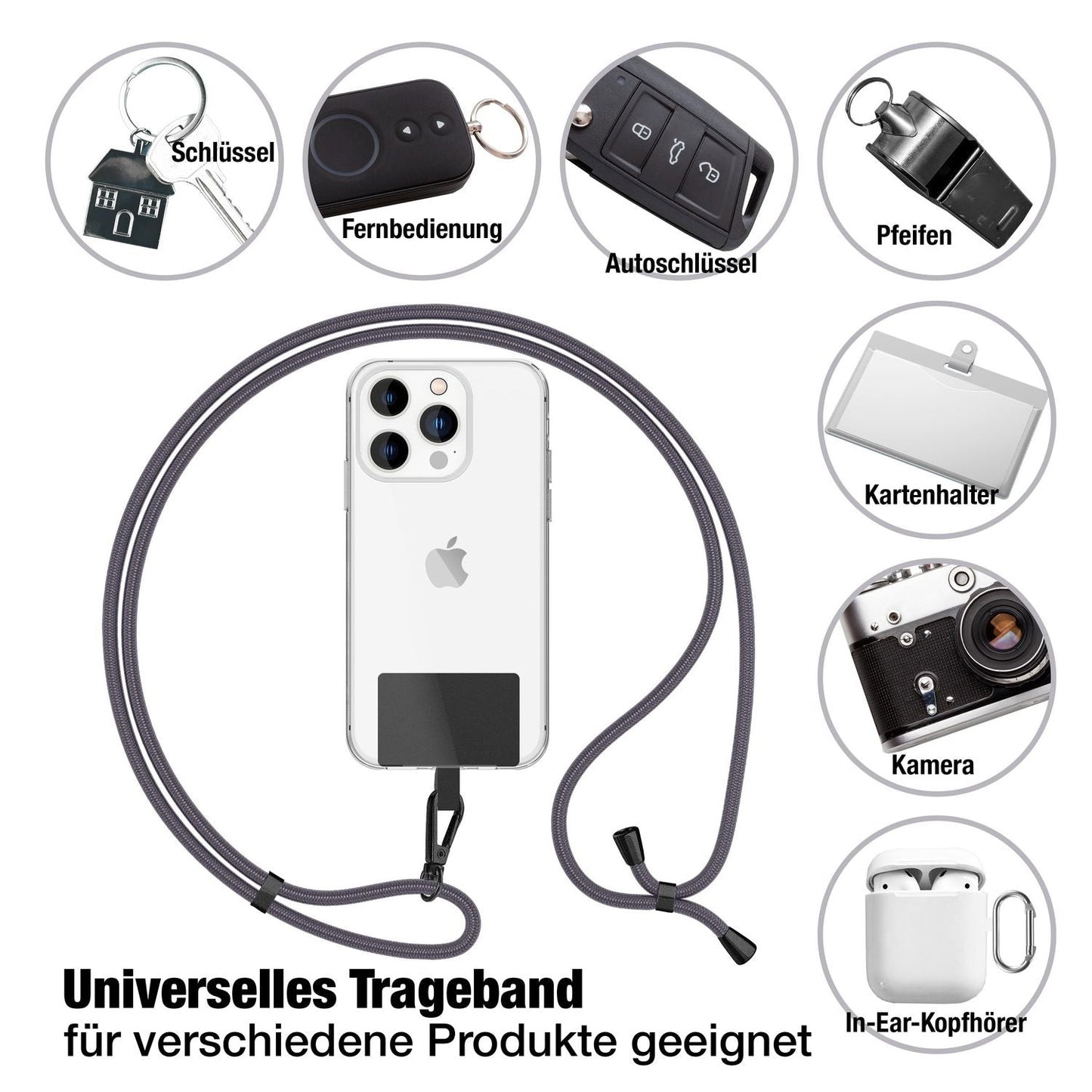 NALIA alhliða keðja með púða, ól fyrir símahulstur, karabínukrókur úr málmi (mattsvartur), lyklakippu, axlaról 160 cm