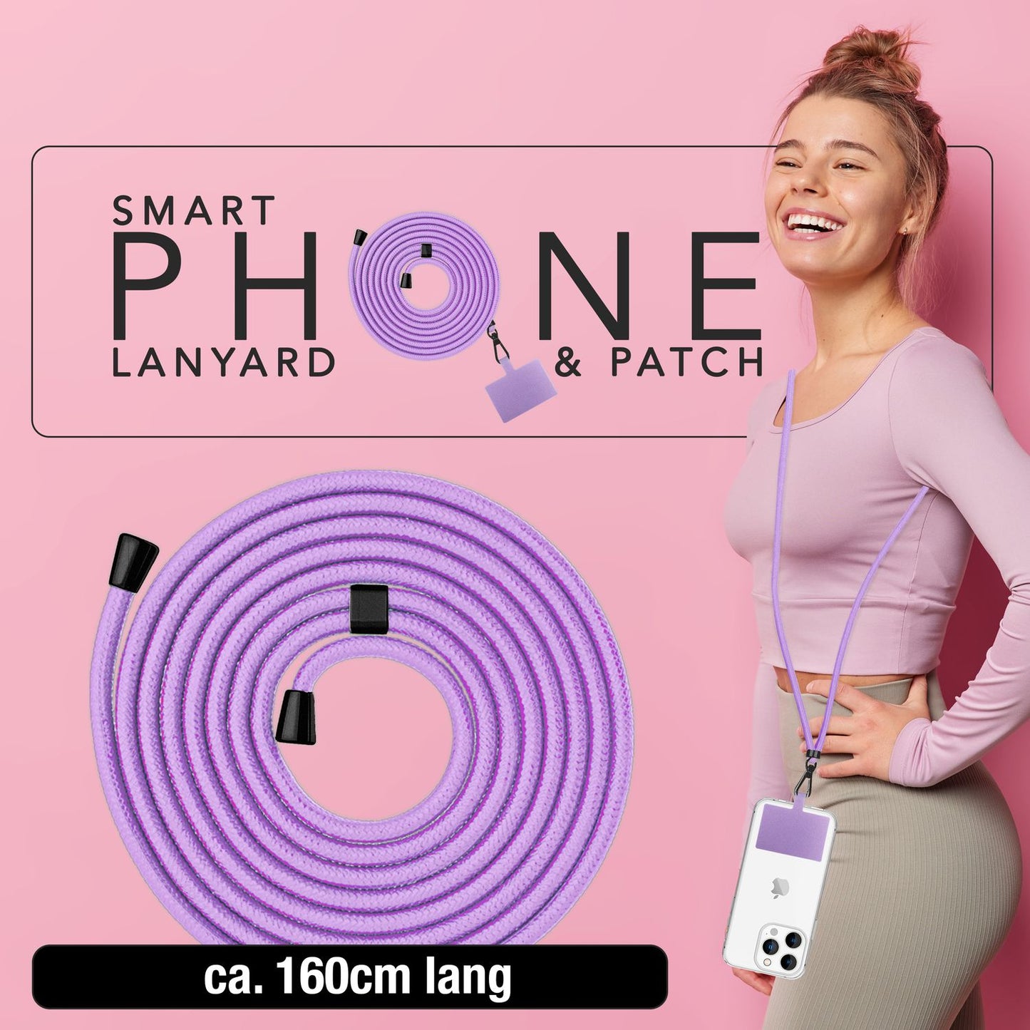 NALIA alhliða keðja með púða, ól fyrir símahulstur, karabínukrókur úr málmi (mattsvartur), lyklakippu, axlaról 160 cm