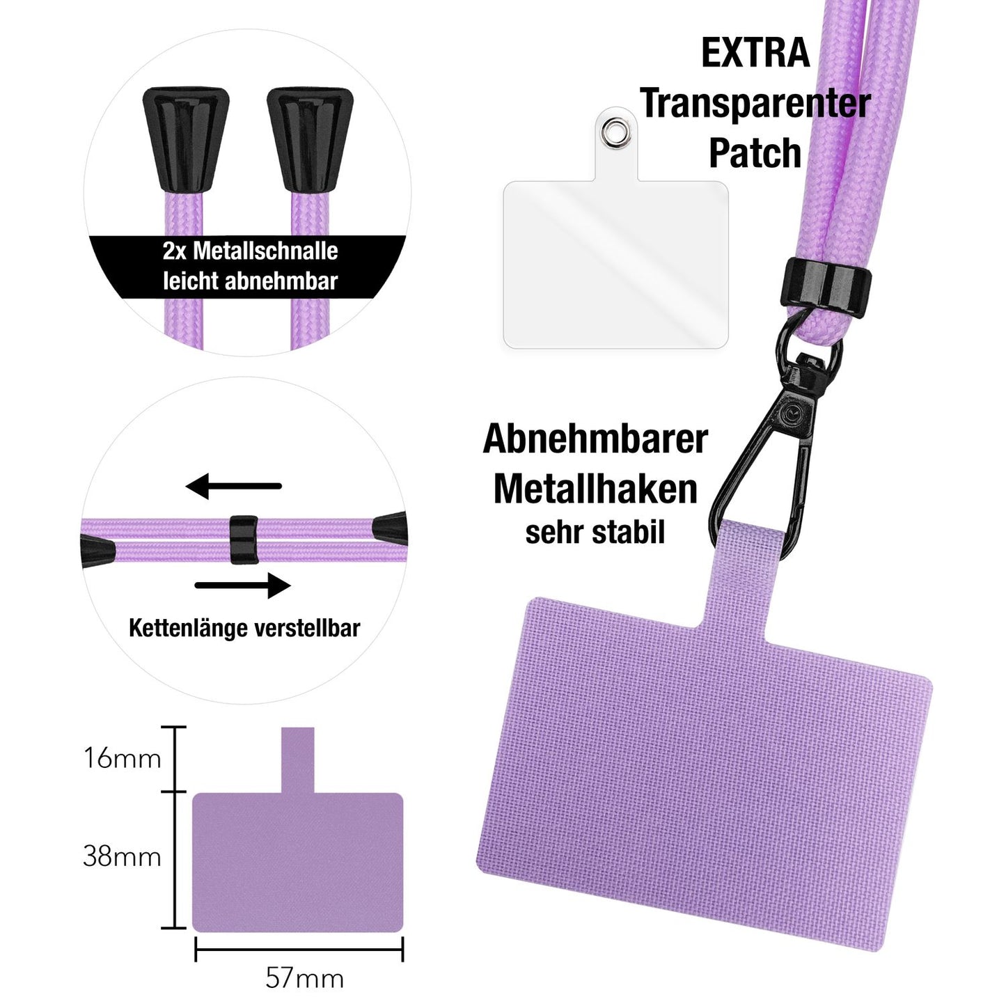 NALIA alhliða keðja með púða, ól fyrir símahulstur, karabínukrókur úr málmi (mattsvartur), lyklakippu, axlaról 160 cm