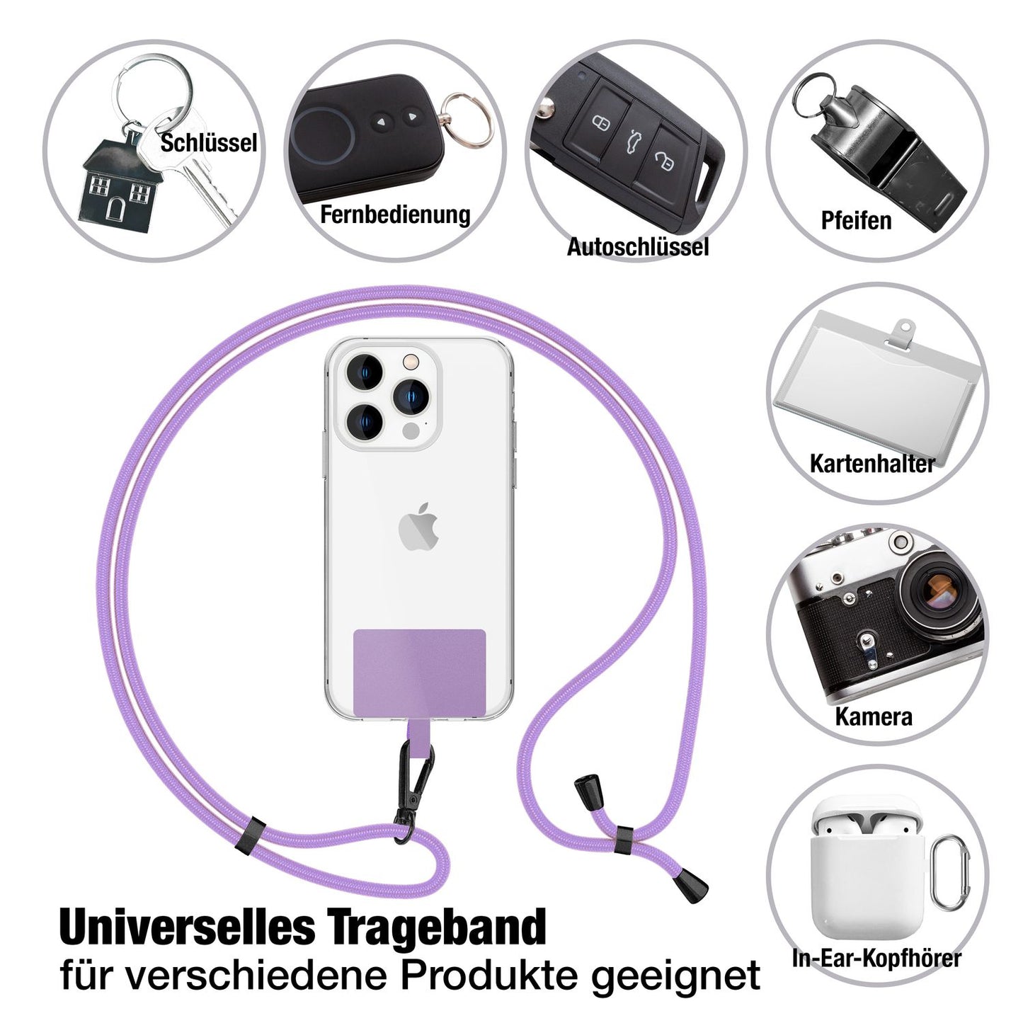 NALIA alhliða keðja með púða, ól fyrir símahulstur, karabínukrókur úr málmi (mattsvartur), lyklakippu, axlaról 160 cm