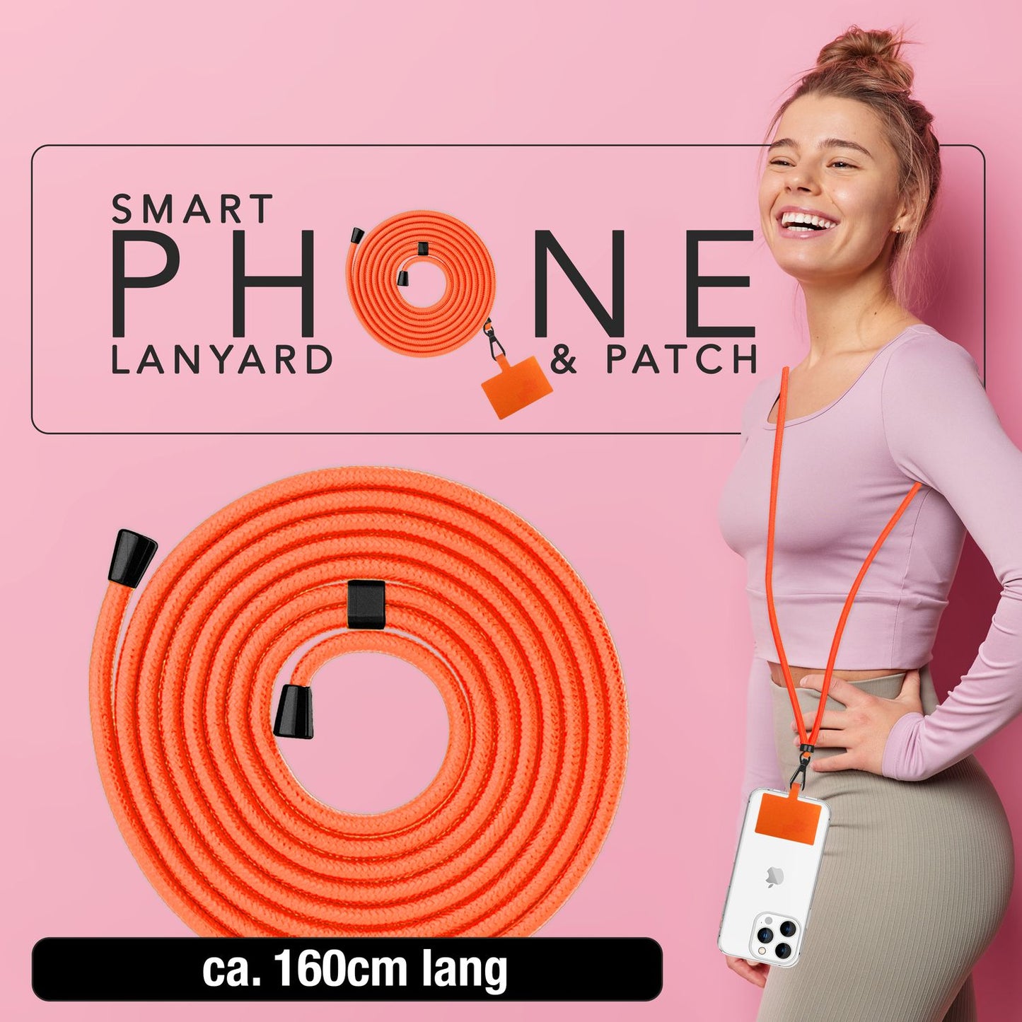 NALIA alhliða keðja með púða, ól fyrir símahulstur, karabínukrókur úr málmi (mattsvartur), lyklakippu, axlaról 160 cm