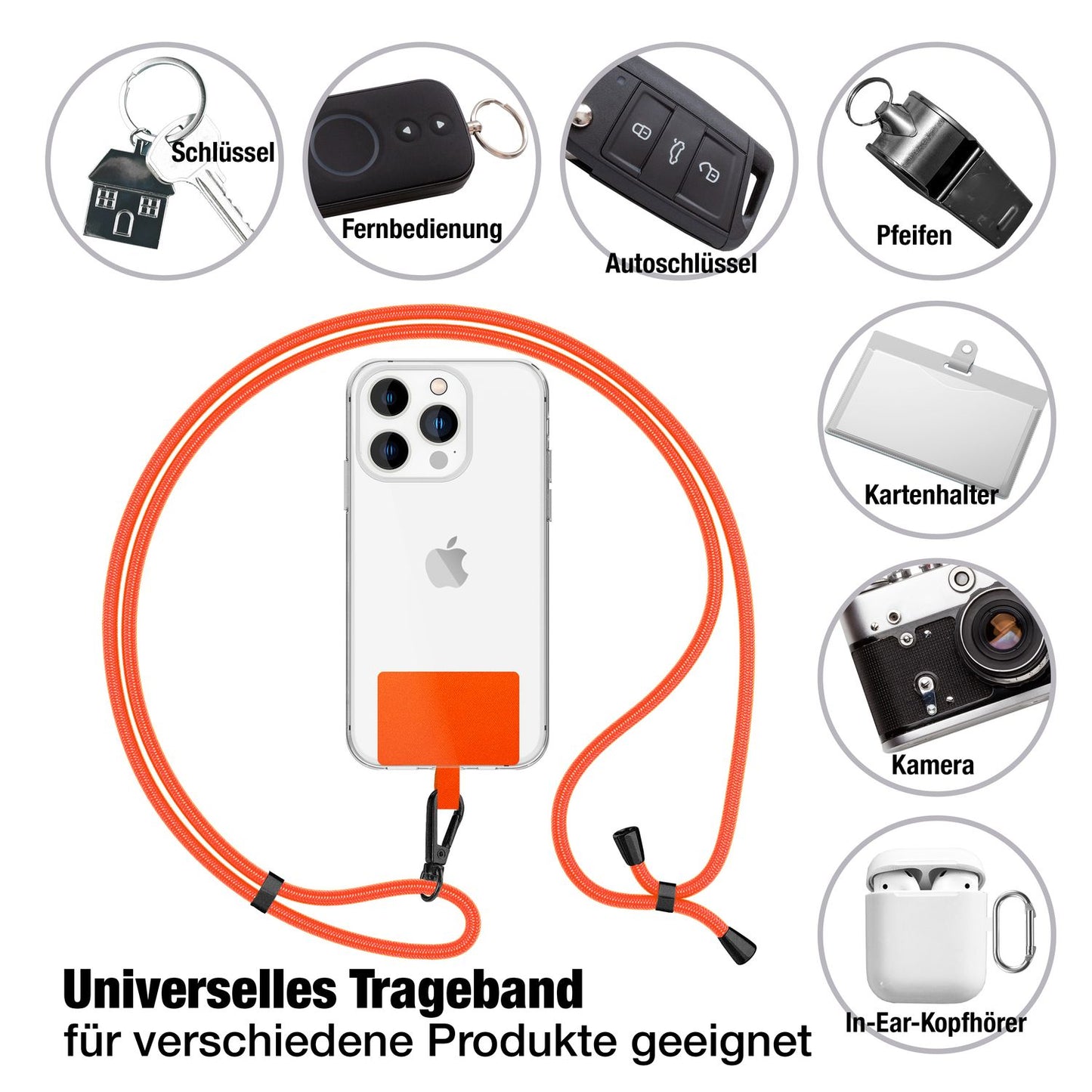 NALIA alhliða keðja með púða, ól fyrir símahulstur, karabínukrókur úr málmi (mattsvartur), lyklakippu, axlaról 160 cm