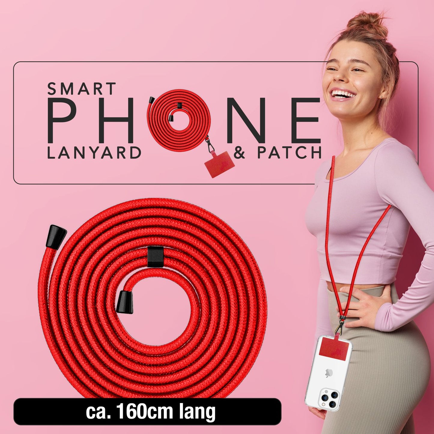 NALIA alhliða keðja með púða, ól fyrir símahulstur, karabínukrókur úr málmi (mattsvartur), lyklakippu, axlaról 160 cm