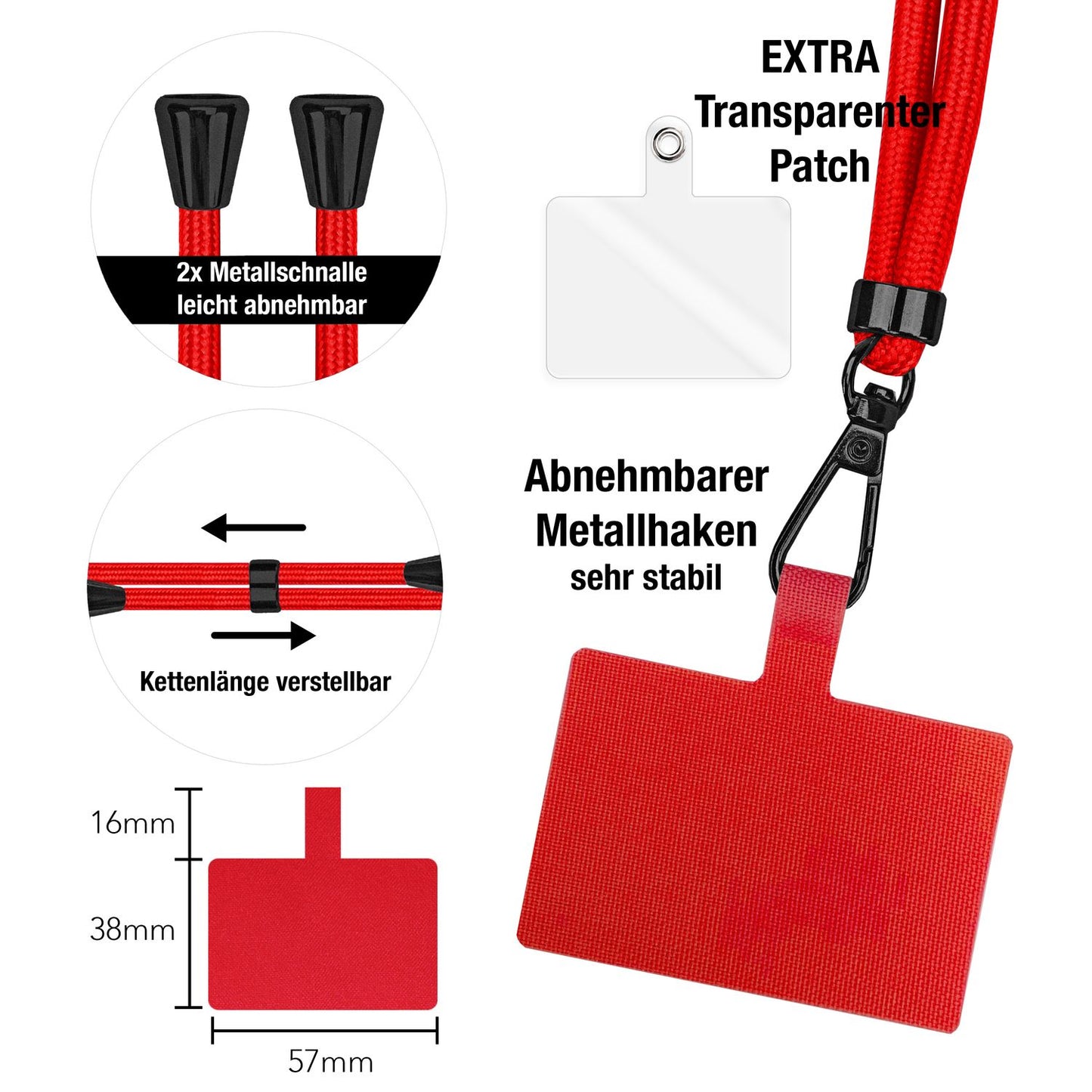 NALIA alhliða keðja með púða, ól fyrir símahulstur, karabínukrókur úr málmi (mattsvartur), lyklakippu, axlaról 160 cm
