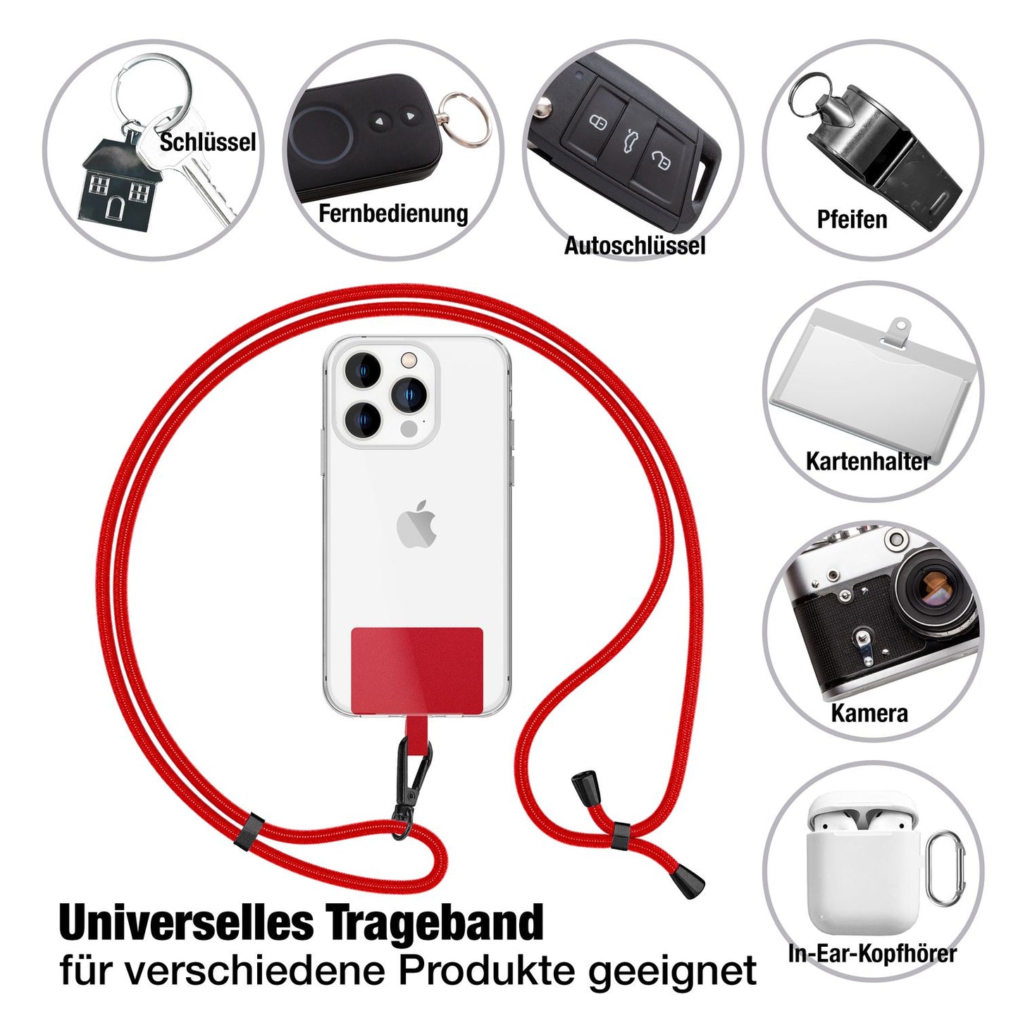 NALIA alhliða keðja með púða, ól fyrir símahulstur, karabínukrókur úr málmi (mattsvartur), lyklakippu, axlaról 160 cm