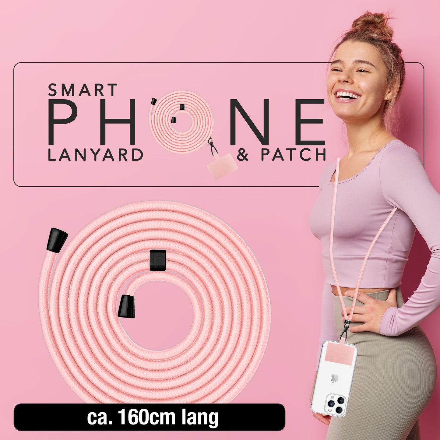 NALIA alhliða keðja með púða, ól fyrir símahulstur, karabínukrókur úr málmi (mattsvartur), lyklakippu, axlaról 160 cm