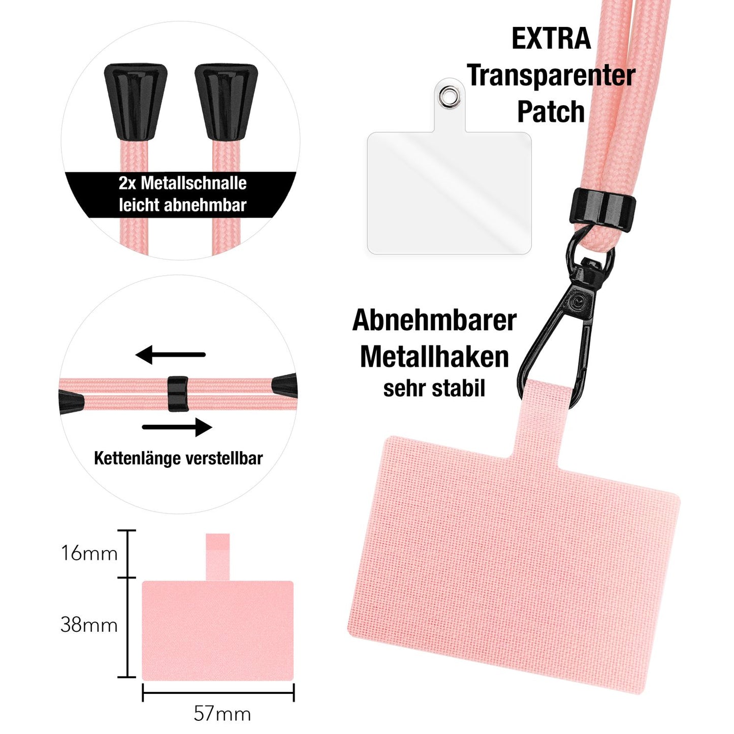 NALIA alhliða keðja með púða, ól fyrir símahulstur, karabínukrókur úr málmi (mattsvartur), lyklakippu, axlaról 160 cm