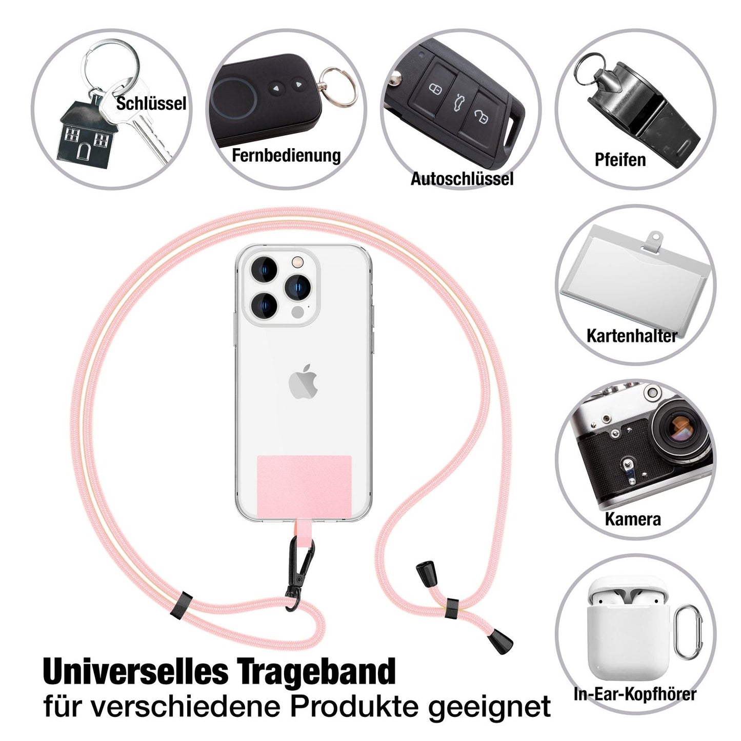 NALIA alhliða keðja með púða, ól fyrir símahulstur, karabínukrókur úr málmi (mattsvartur), lyklakippu, axlaról 160 cm