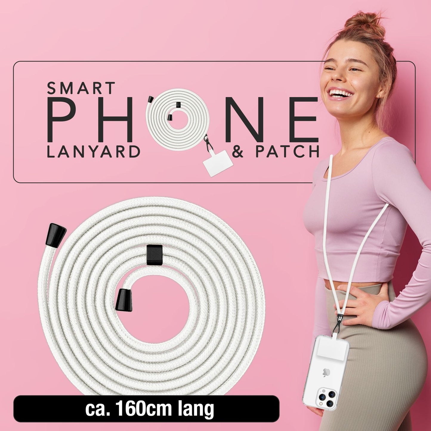 NALIA alhliða keðja með púða, ól fyrir símahulstur, karabínukrókur úr málmi (mattsvartur), lyklakippu, axlaról 160 cm