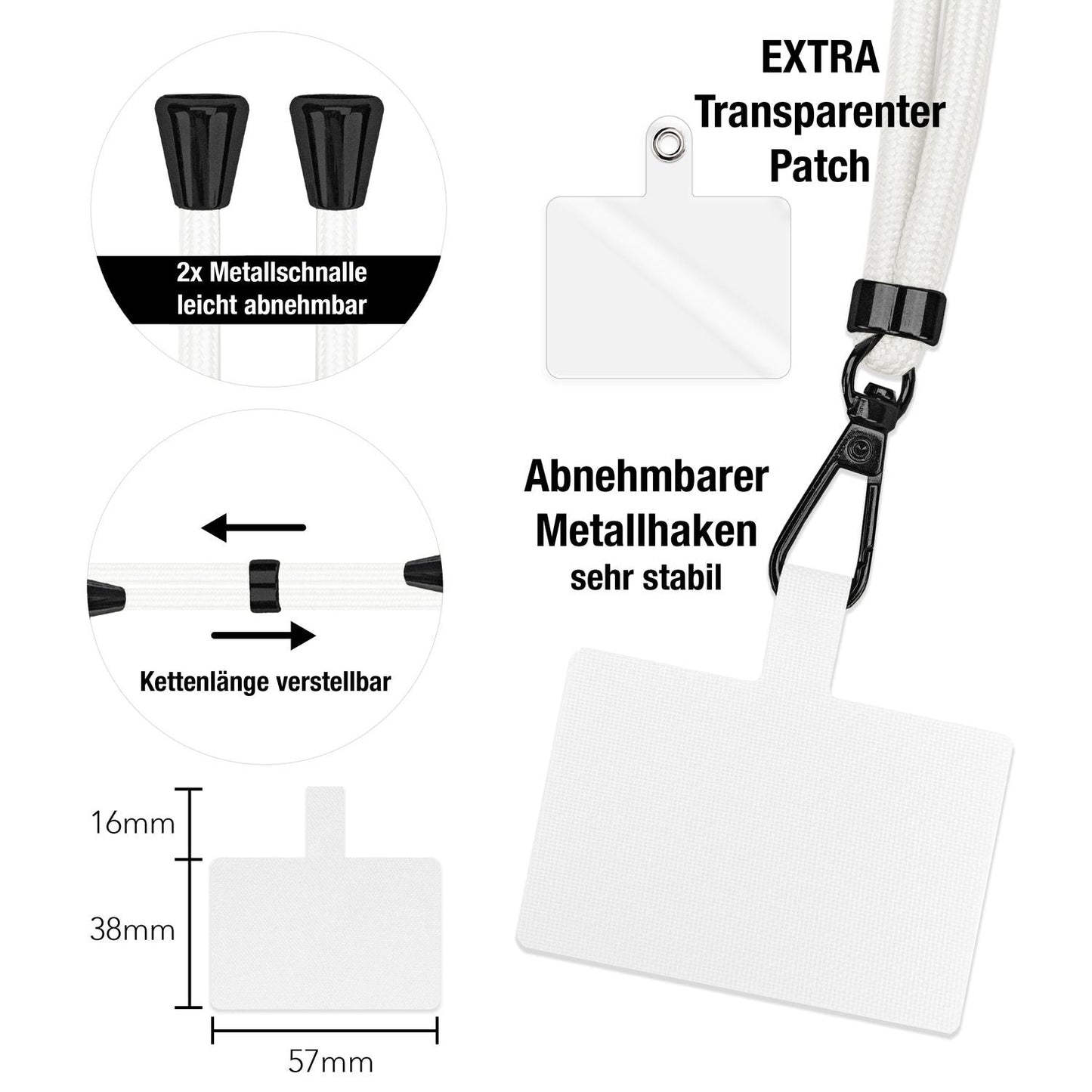NALIA alhliða keðja með púða, ól fyrir símahulstur, karabínukrókur úr málmi (mattsvartur), lyklakippu, axlaról 160 cm
