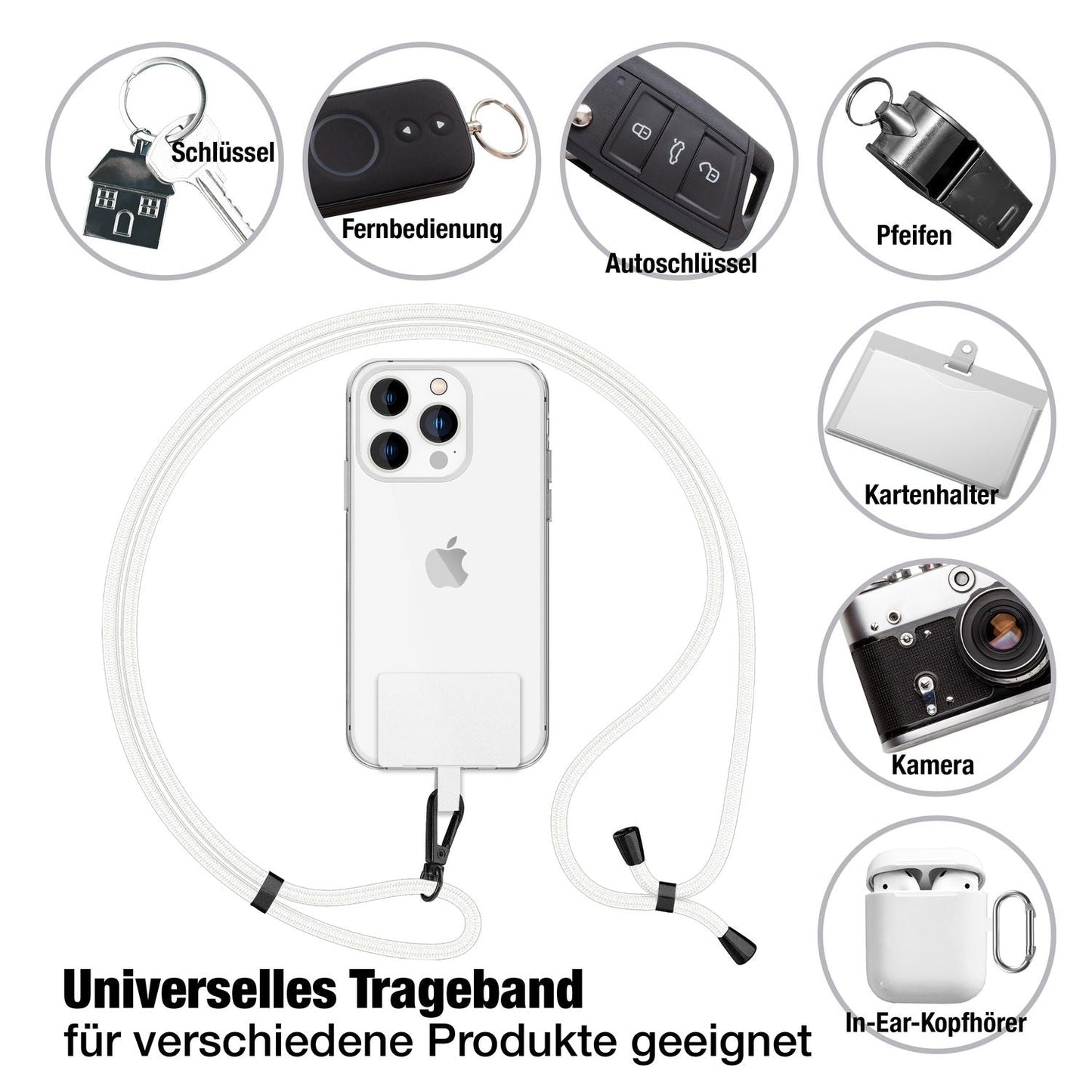 NALIA alhliða keðja með púða, ól fyrir símahulstur, karabínukrókur úr málmi (mattsvartur), lyklakippu, axlaról 160 cm