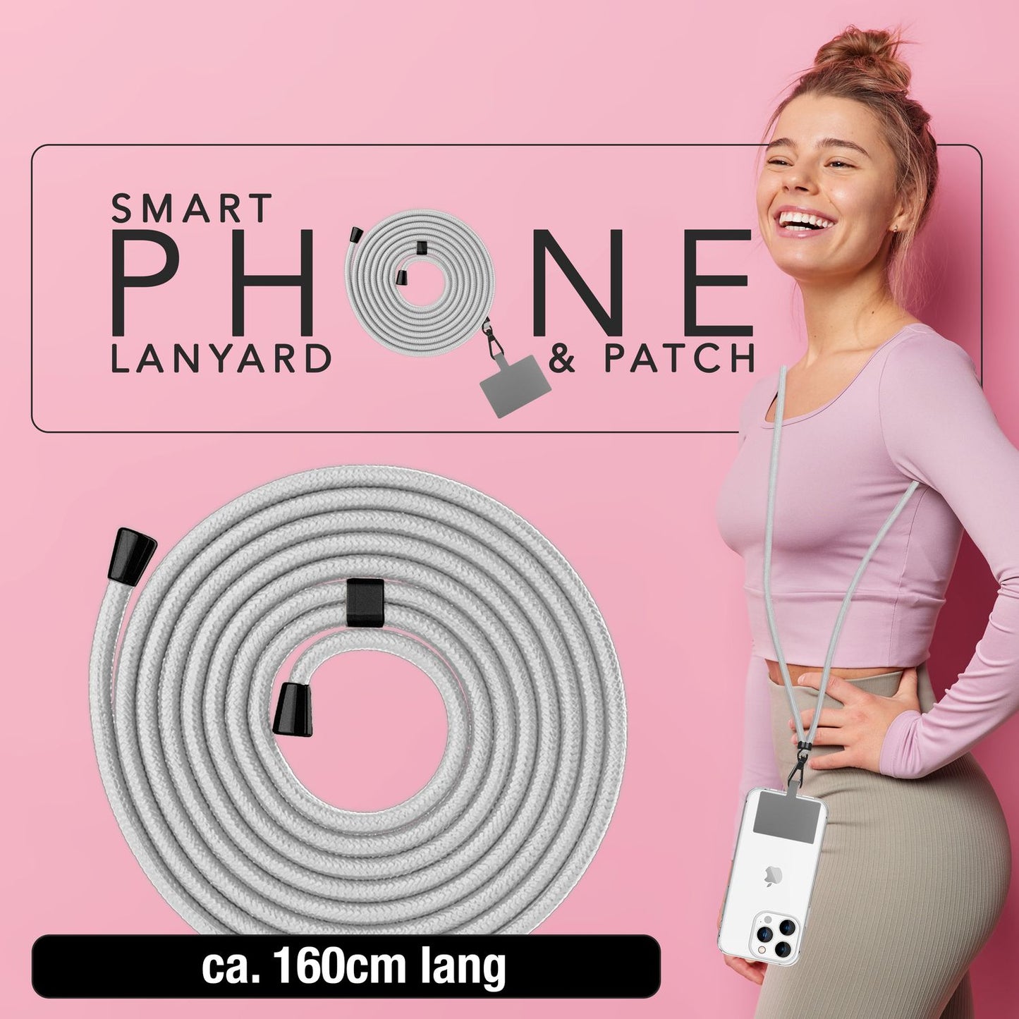 NALIA alhliða keðja með púða, ól fyrir símahulstur, karabínukrókur úr málmi (mattsvartur), lyklakippu, axlaról 160 cm