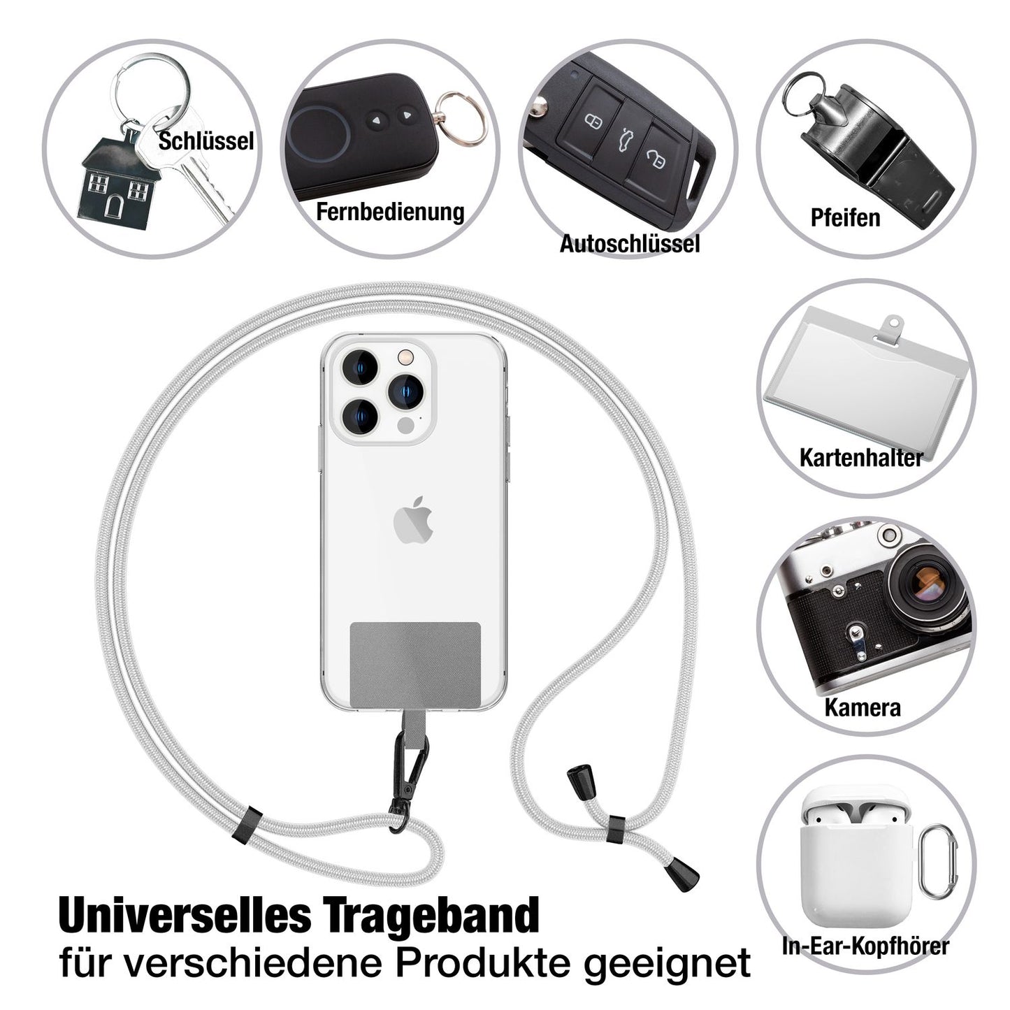 NALIA alhliða keðja með púða, ól fyrir símahulstur, karabínukrókur úr málmi (mattsvartur), lyklakippu, axlaról 160 cm