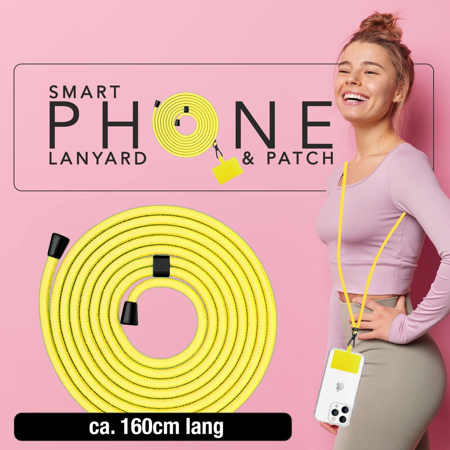 NALIA alhliða keðja með púða, ól fyrir símahulstur, karabínukrókur úr málmi (mattsvartur), lyklakippu, axlaról 160 cm