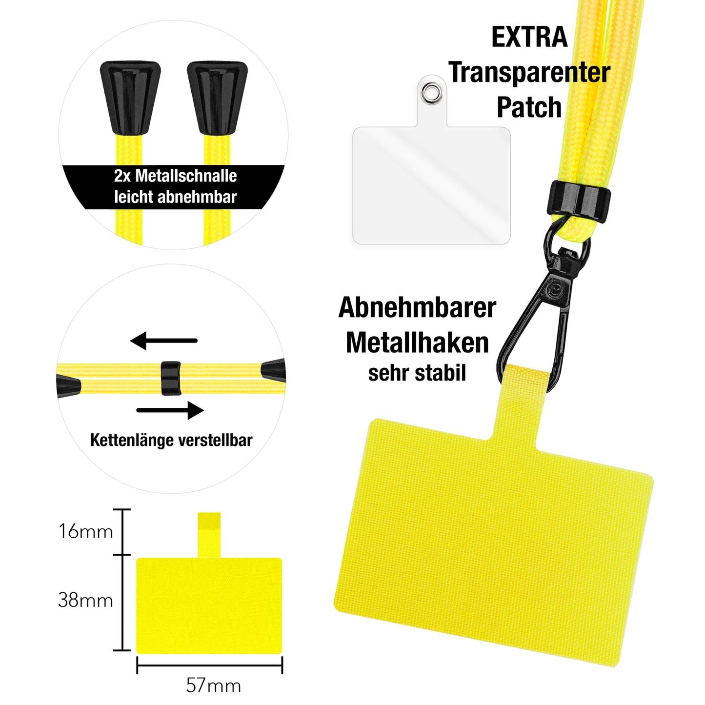 NALIA alhliða keðja með púða, ól fyrir símahulstur, karabínukrókur úr málmi (mattsvartur), lyklakippu, axlaról 160 cm