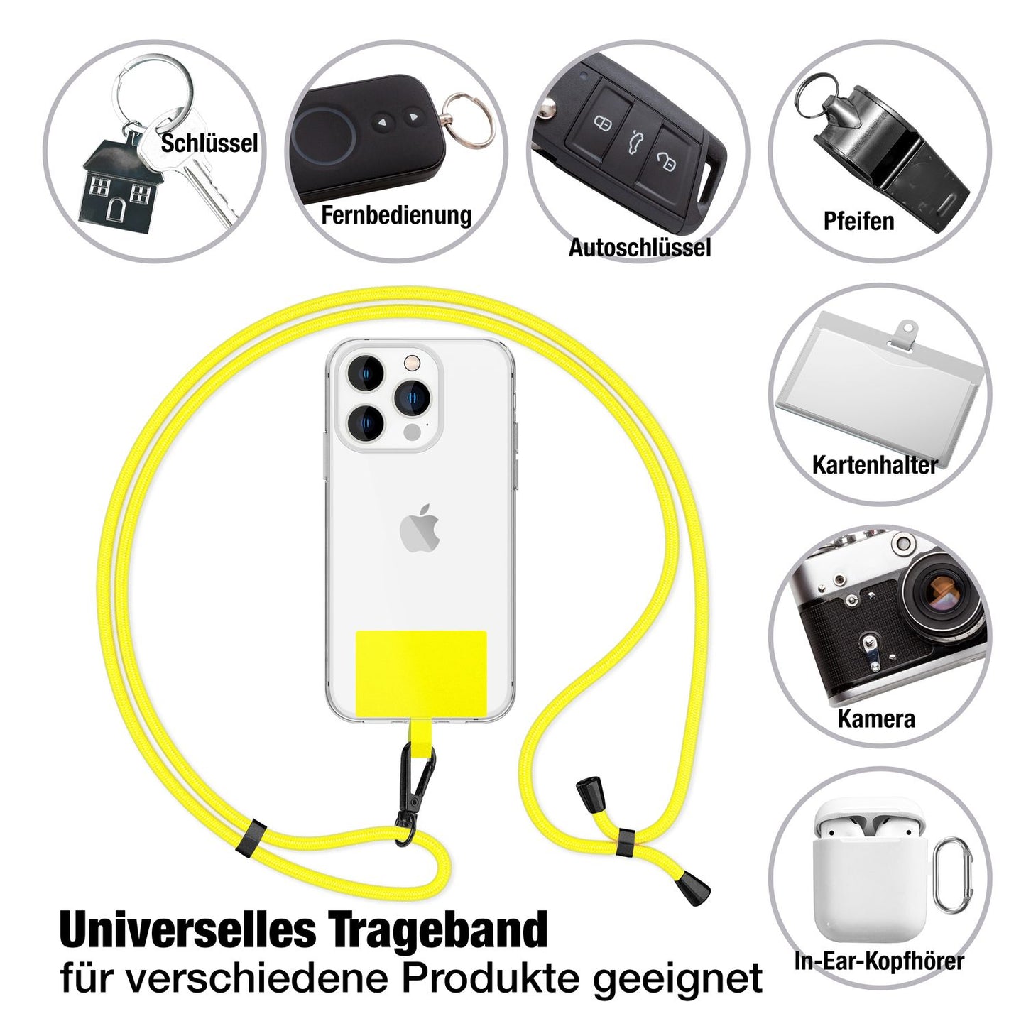 NALIA alhliða keðja með púða, ól fyrir símahulstur, karabínukrókur úr málmi (mattsvartur), lyklakippu, axlaról 160 cm