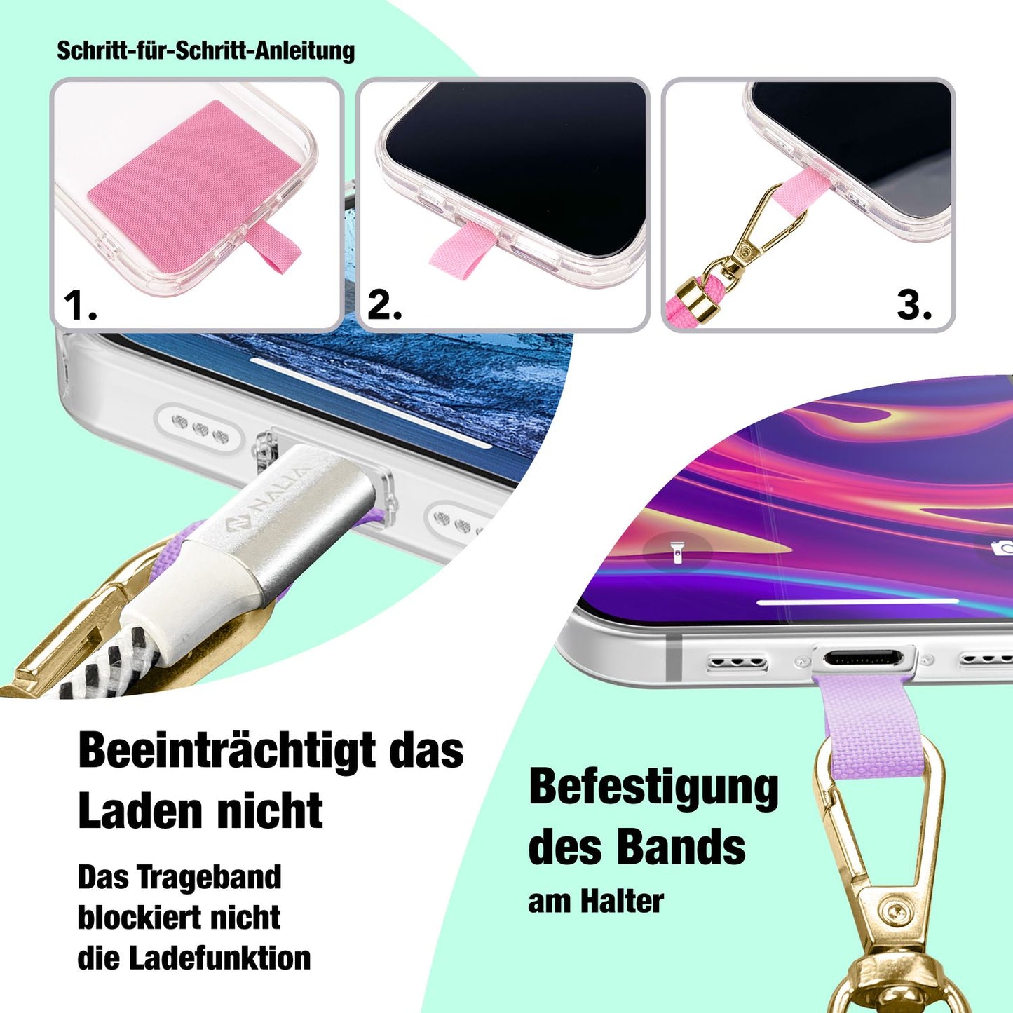 NALIA alhliða keðja með púða, ól fyrir símahulstur, karabínukrókur úr málmi (gull), lyklakippu, axlabönd 160 cm