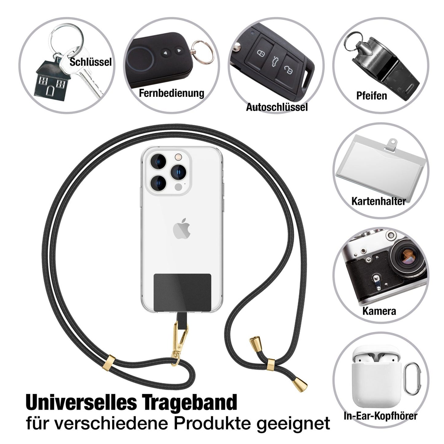 NALIA alhliða keðja með púða, ól fyrir símahulstur, karabínukrókur úr málmi (gull), lyklakippu, axlabönd 160 cm