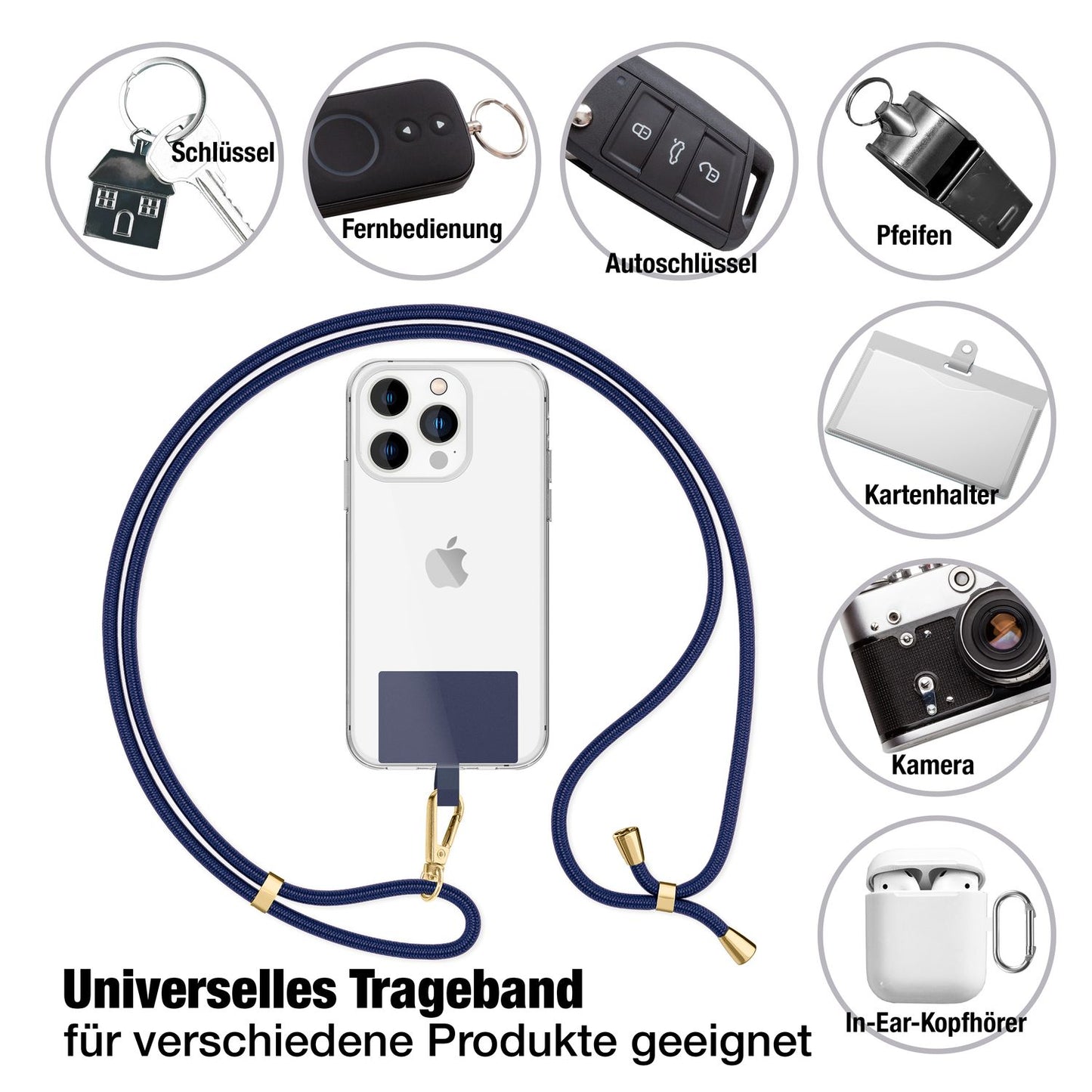 NALIA alhliða keðja með púða, ól fyrir símahulstur, karabínukrókur úr málmi (gull), lyklakippu, axlabönd 160 cm