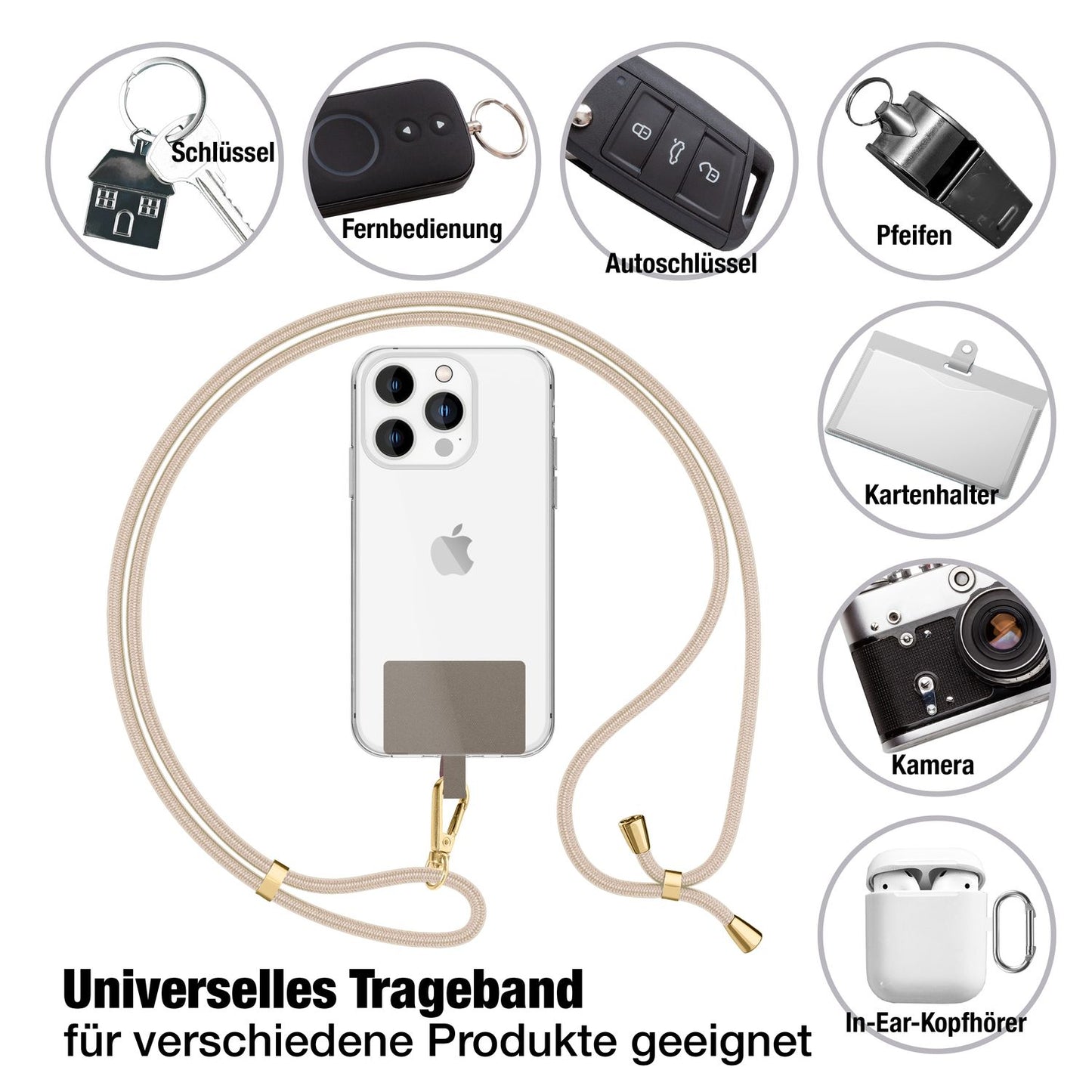 NALIA alhliða keðja með púða, ól fyrir símahulstur, karabínukrókur úr málmi (gull), lyklakippu, axlabönd 160 cm