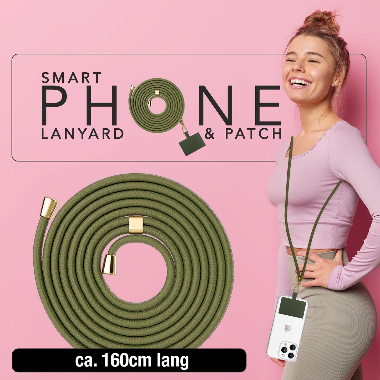 NALIA alhliða keðja með púða, ól fyrir símahulstur, karabínukrókur úr málmi (gull), lyklakippu, axlabönd 160 cm