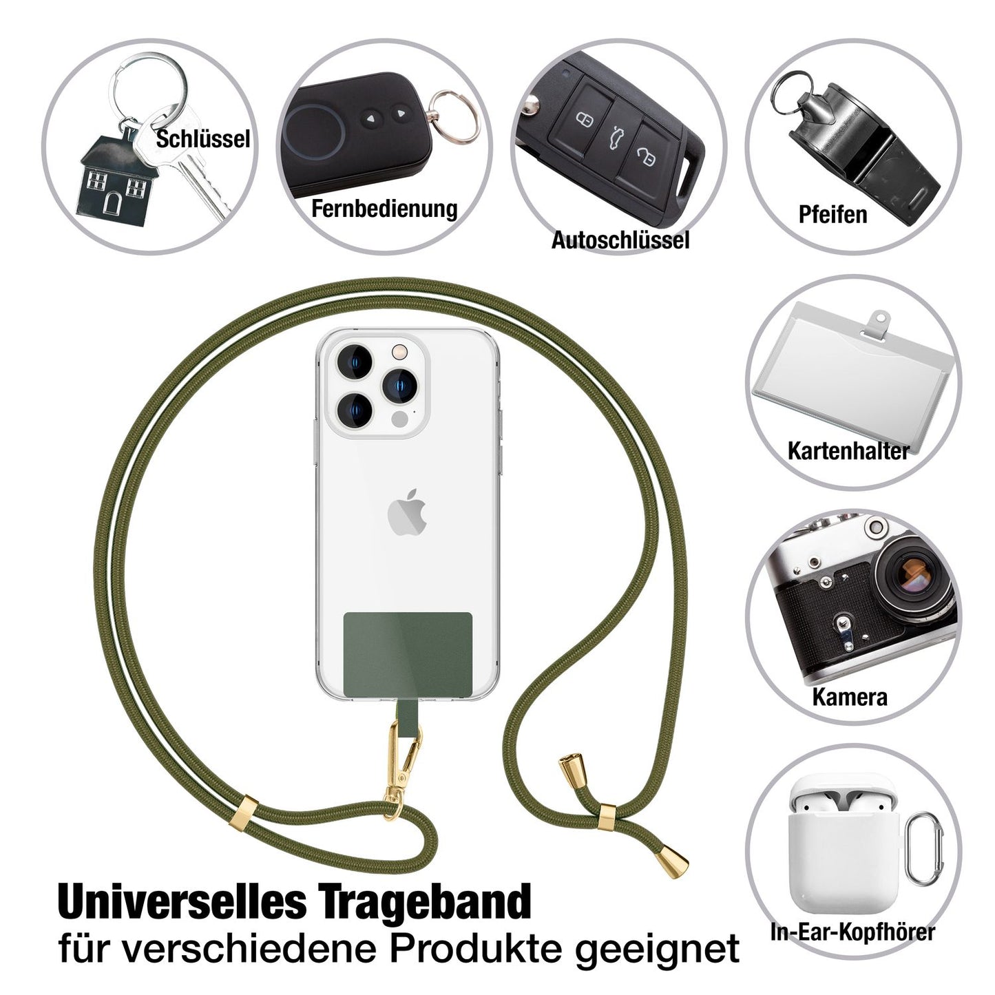 NALIA alhliða keðja með púða, ól fyrir símahulstur, karabínukrókur úr málmi (gull), lyklakippu, axlabönd 160 cm