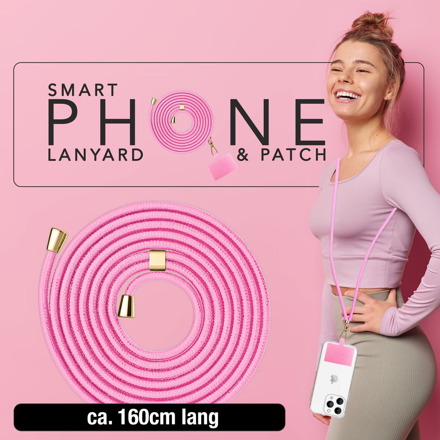 NALIA alhliða keðja með púða, ól fyrir símahulstur, karabínukrókur úr málmi (gull), lyklakippu, axlabönd 160 cm