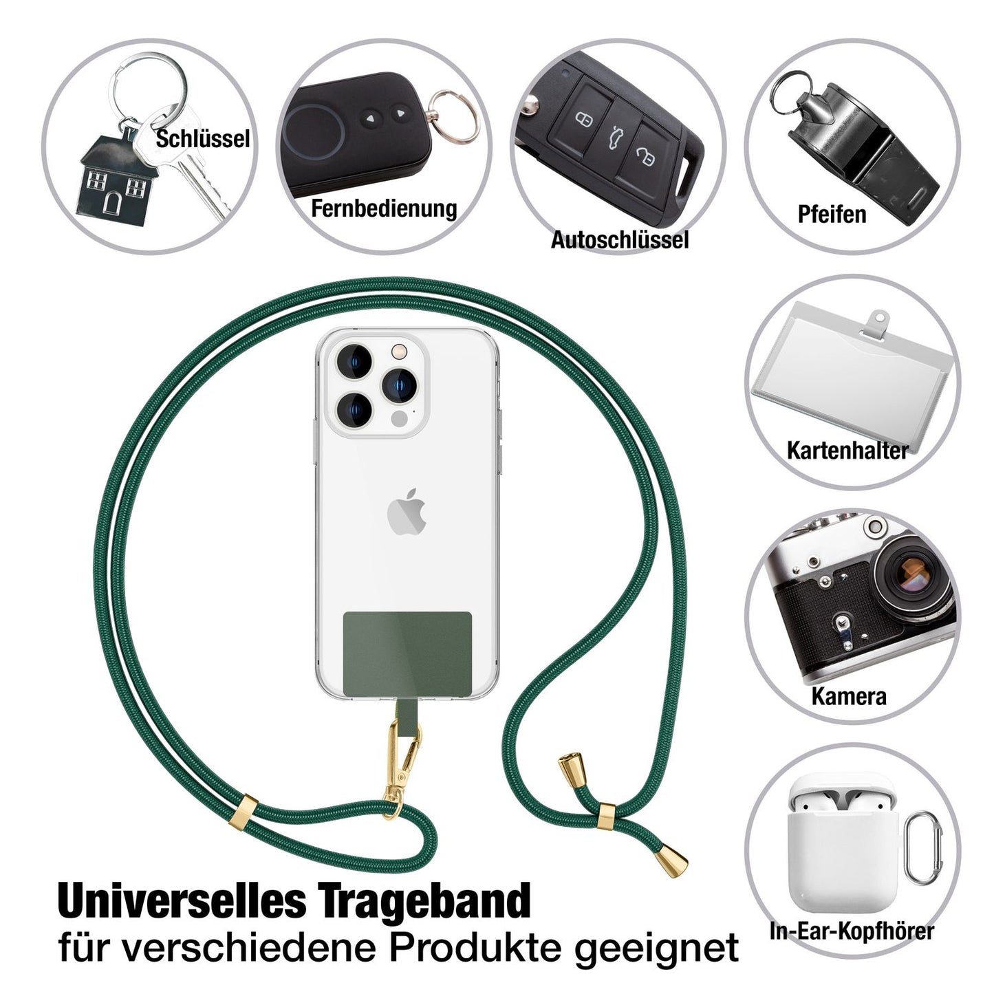 NALIA alhliða keðja með púða, ól fyrir símahulstur, karabínukrókur úr málmi (gull), lyklakippu, axlabönd 160 cm