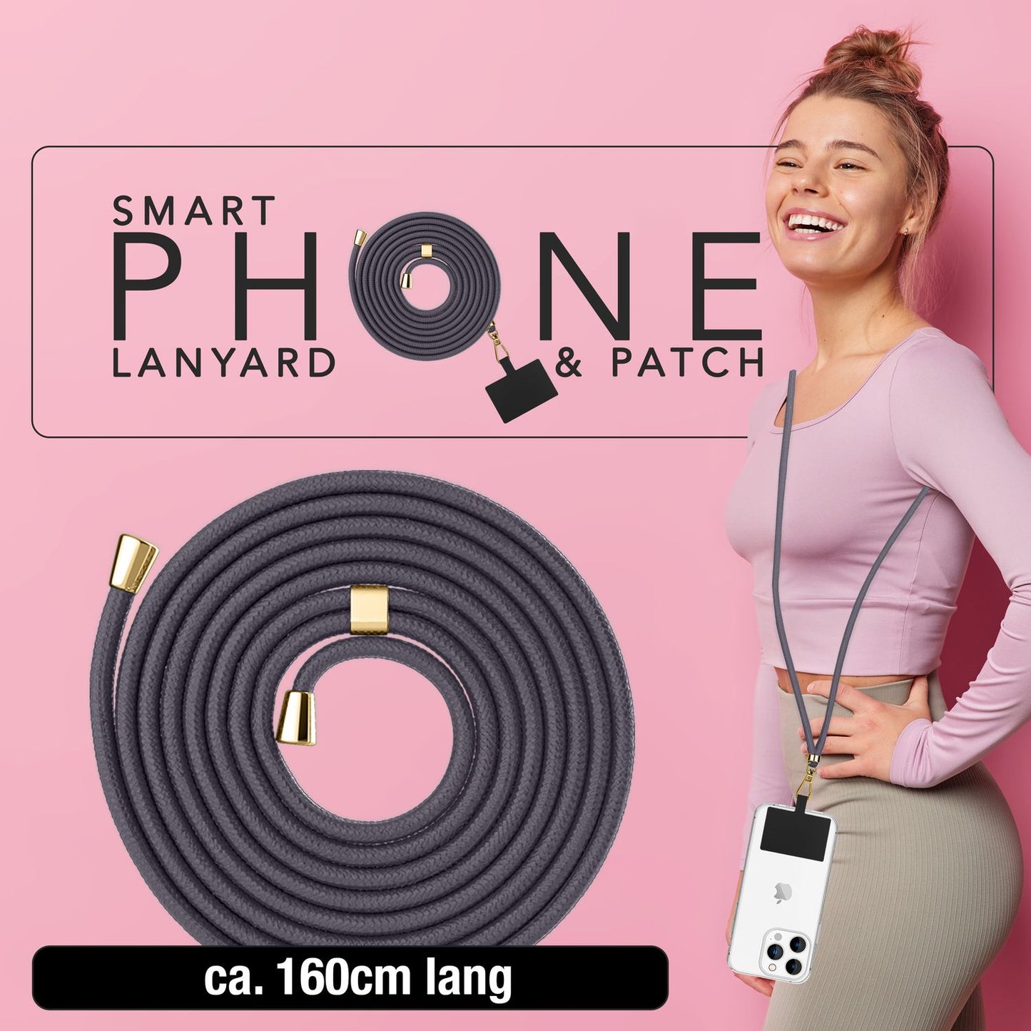 NALIA alhliða keðja með púða, ól fyrir símahulstur, karabínukrókur úr málmi (gull), lyklakippu, axlabönd 160 cm