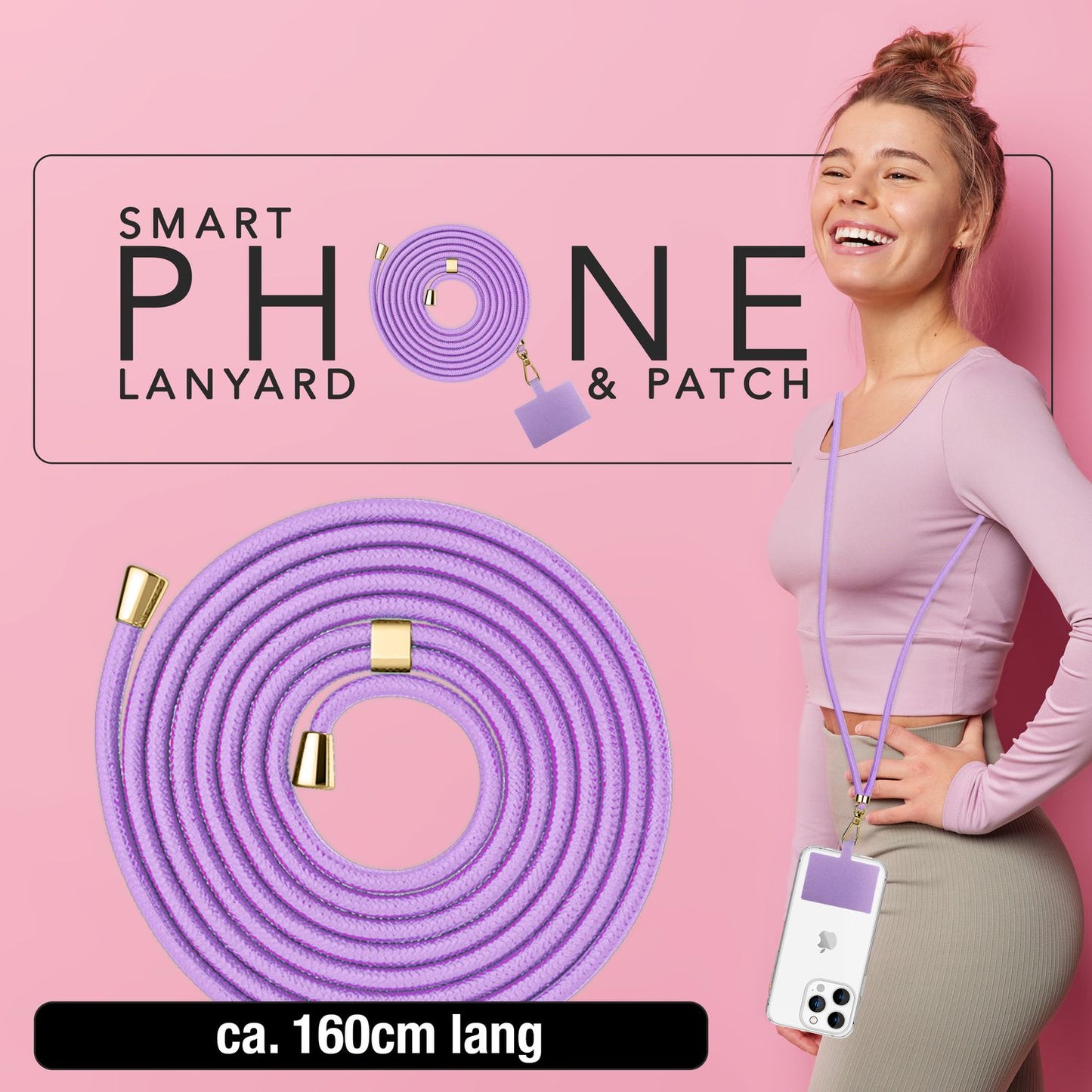 NALIA alhliða keðja með púða, ól fyrir símahulstur, karabínukrókur úr málmi (gull), lyklakippu, axlabönd 160 cm