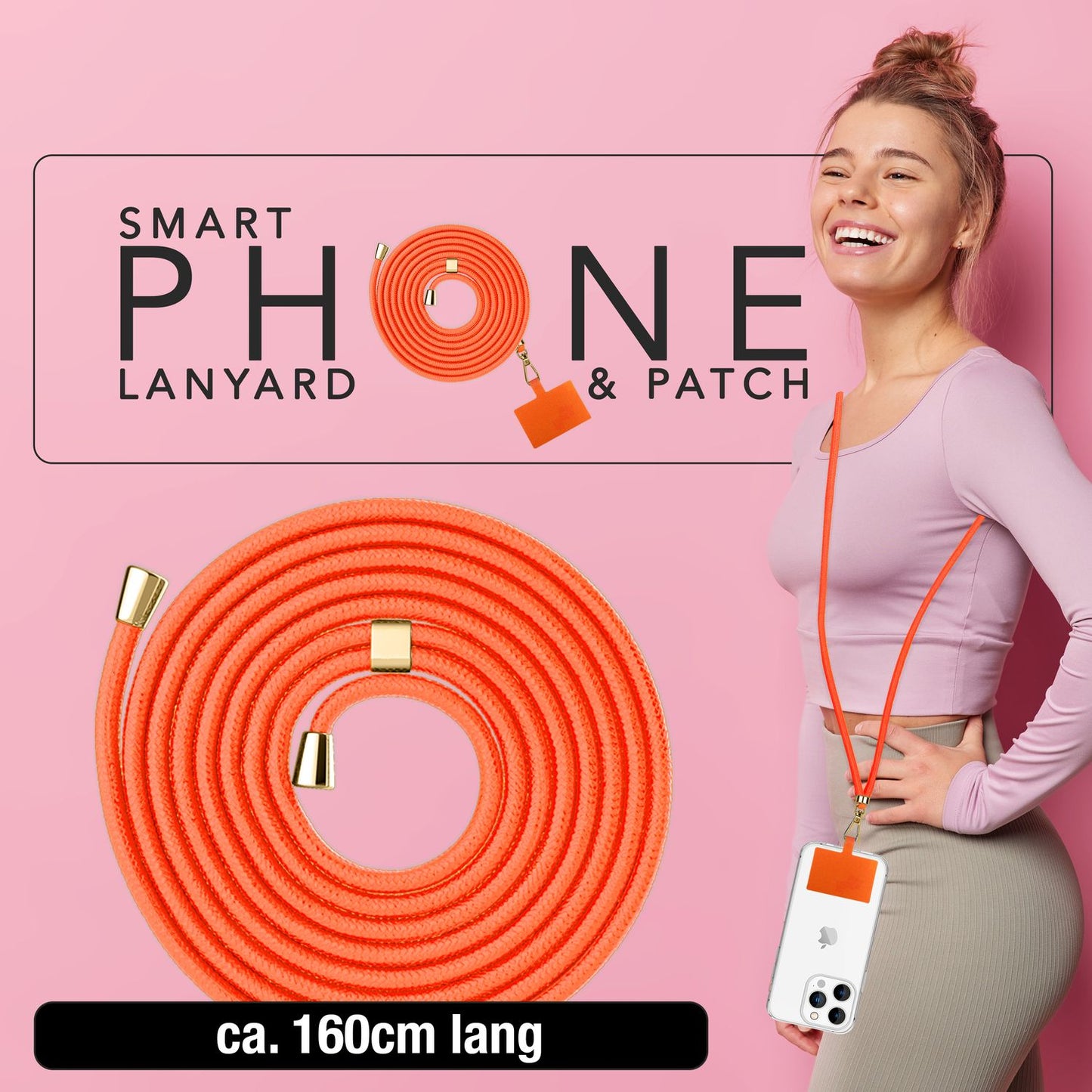 NALIA alhliða keðja með púða, ól fyrir símahulstur, karabínukrókur úr málmi (gull), lyklakippu, axlabönd 160 cm